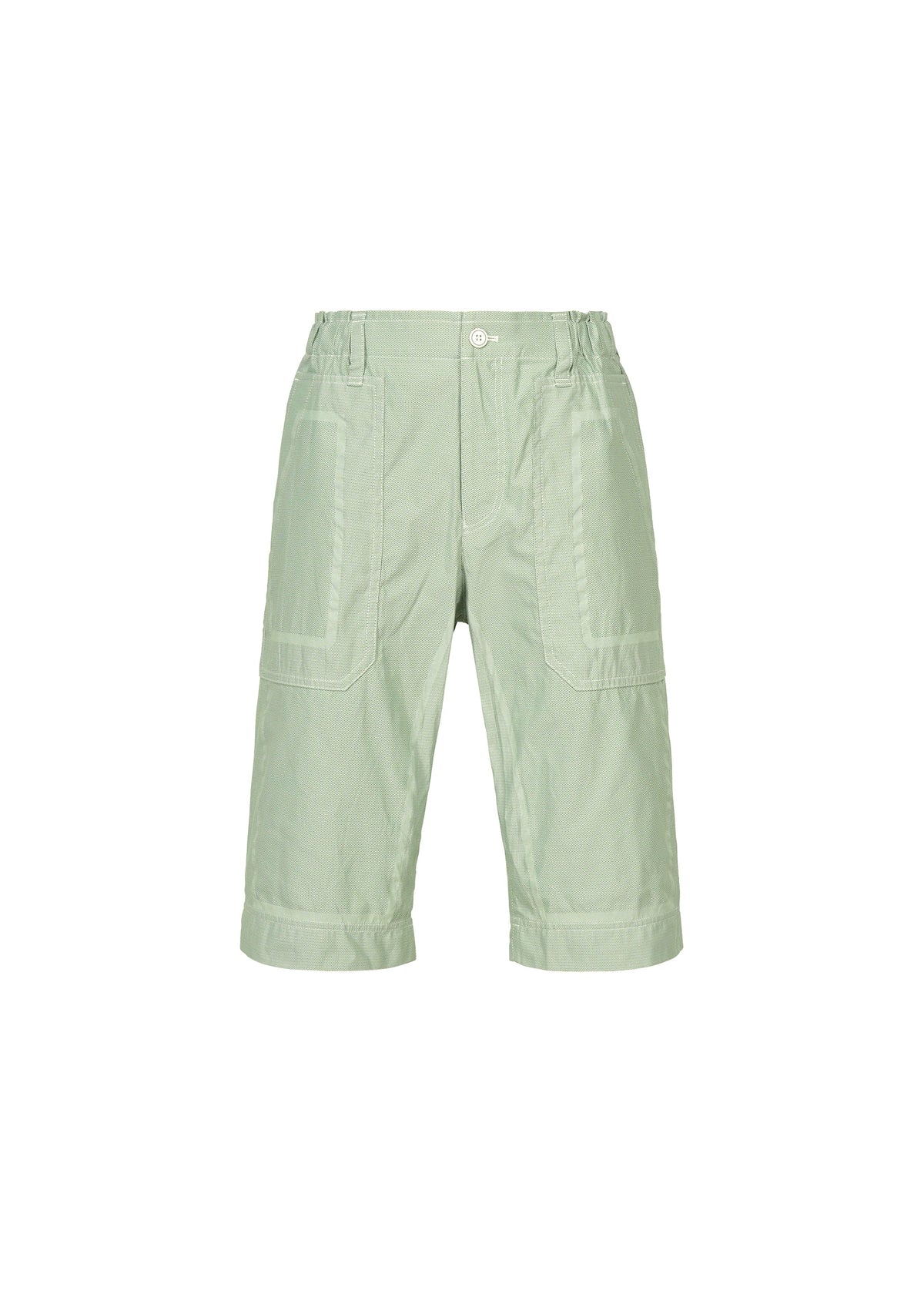 TYPE-U 001 light green knee-length customizable shorts by A-POC ABLE ISSEY MIYAKE, featuring large front patch pockets, elastic sides at the waistband, and a front button and fly closure, displayed on a plain white background. view 3 of 7