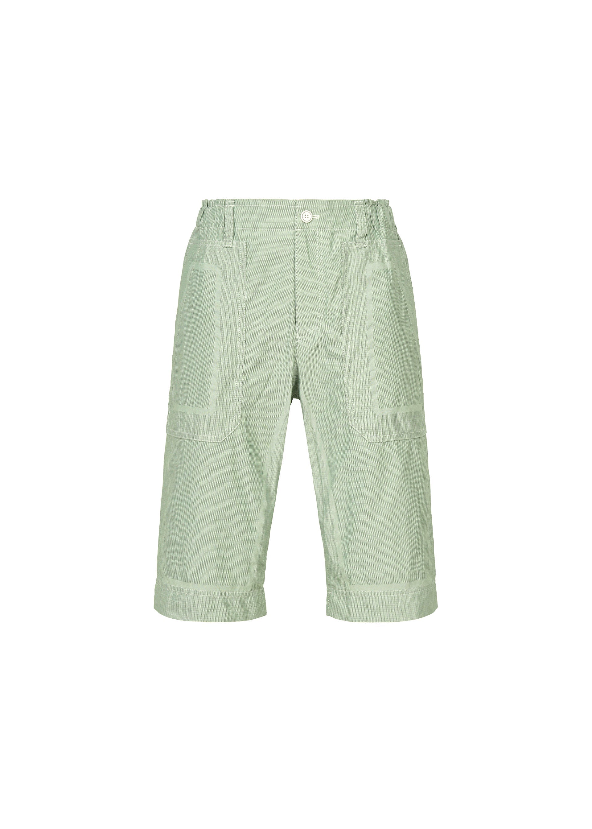 Zoomed view TYPE-U 001 light green knee-length customizable shorts by A-POC ABLE ISSEY MIYAKE, featuring large front patch pockets, elastic sides at the waistband, and a front button and fly closure, displayed on a plain white background. - LIGHT GREEN （no.61）