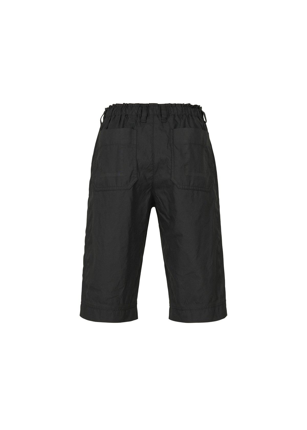 TYPE-U 001 by A-POC ABLE ISSEY MIYAKE: black, knee-length shorts featuring a wrinkle-resistant fabric, elastic waistband, two rear patch pockets, and a relaxed fit, shown against a plain white background. view 4 of 7