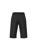 TYPE-U 001 by A-POC ABLE ISSEY MIYAKE: black, knee-length shorts featuring a wrinkle-resistant fabric, elastic waistband, two rear patch pockets, and a relaxed fit, shown against a plain white background.