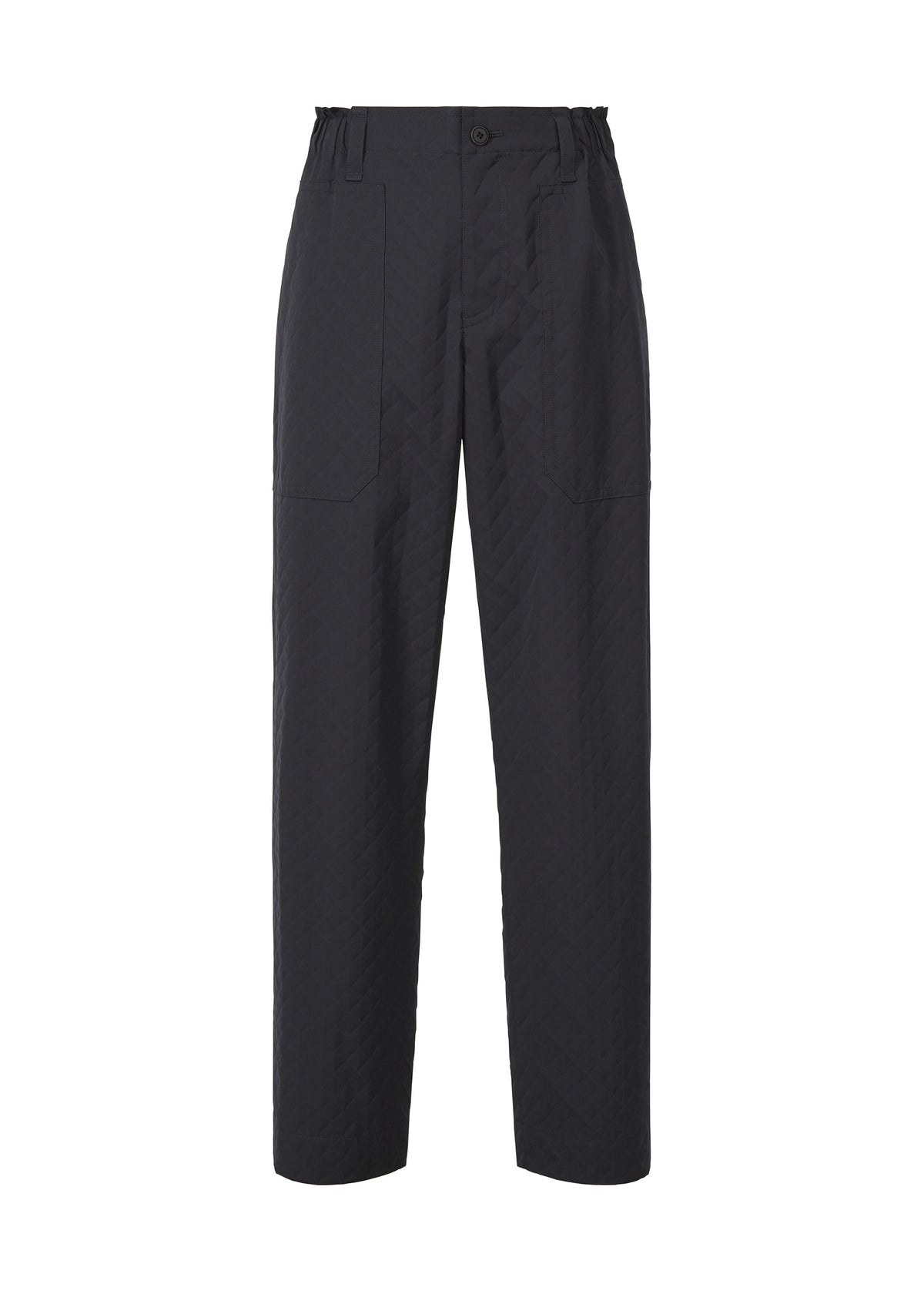 The TYPE-T 001-2 by A-POC ABLE ISSEY MIYAKE is a pair of black straight-leg printed pants with large front patch pockets, button and zip closure, and elastic side waistband. view 2 of 5