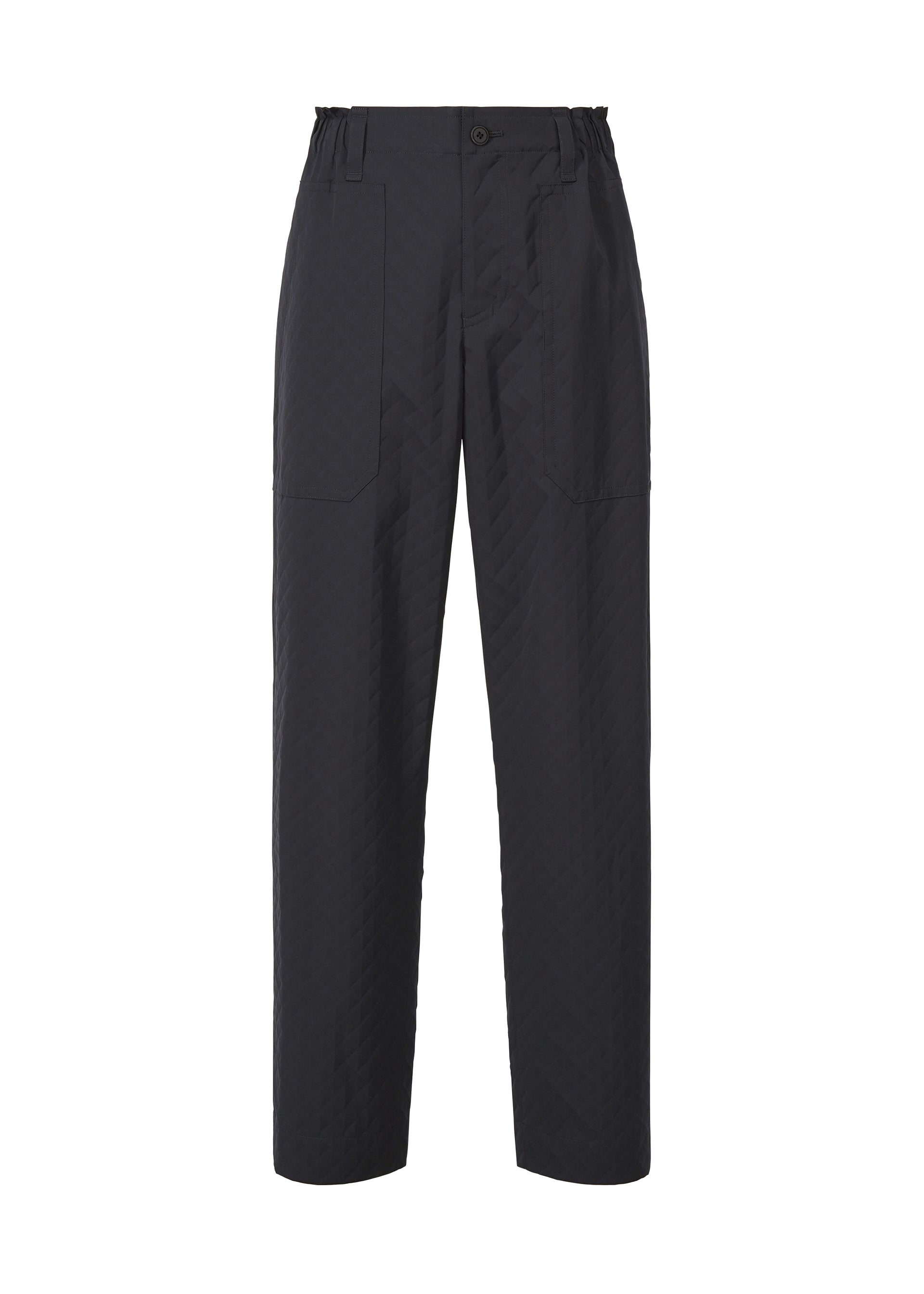 Zoomed view The TYPE-T 001-2 by A-POC ABLE ISSEY MIYAKE is a pair of black straight-leg printed pants with large front patch pockets, button and zip closure, and elastic side waistband. - NAVY （no.75）