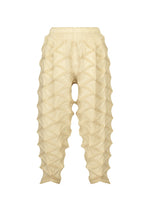 Beige TYPE-O 023 pants by A-POC ABLE ISSEY MIYAKE, featuring a textured geometric 3D pattern with raised diamond shapes, an elastic waistband, and an ankle-length silhouette, displayed against a white background—ideal for pairing with your favorite pleated cardigan or Steam Stretch cardigan. - IVORY-HUED （no.07）
