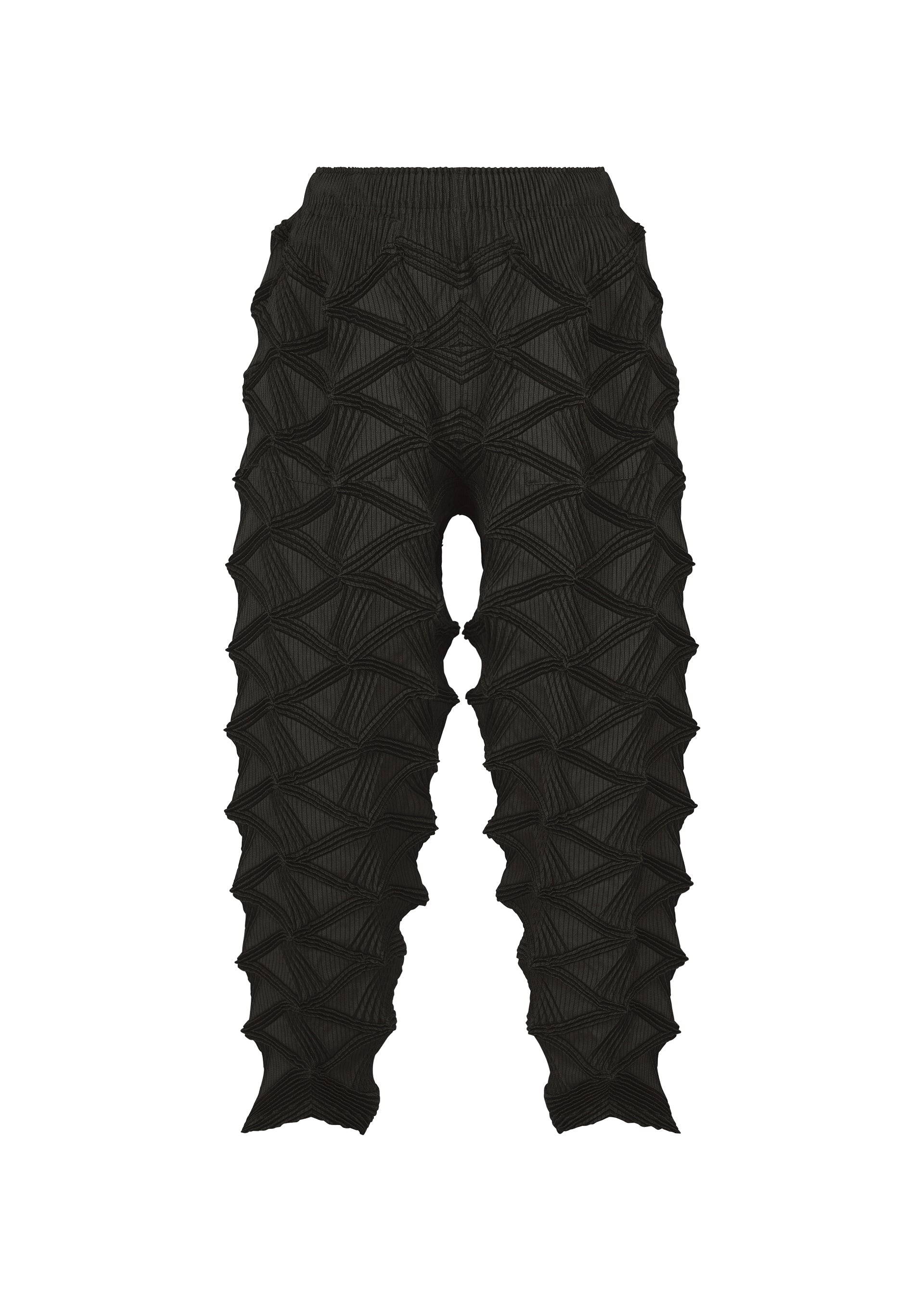 Zoomed view TYPE-O 023 by A-POC ABLE ISSEY MIYAKE are black textured pants showcasing a geometric, three-dimensional pattern, designed with a high waist and tapered legs. Pair these bold pants with a pleated cardigan or the distinctive Steam Stretch cardigan to complete your contemporary look. The TYPE-O 023 pants are displayed on a white background. - BLACK （no.15）