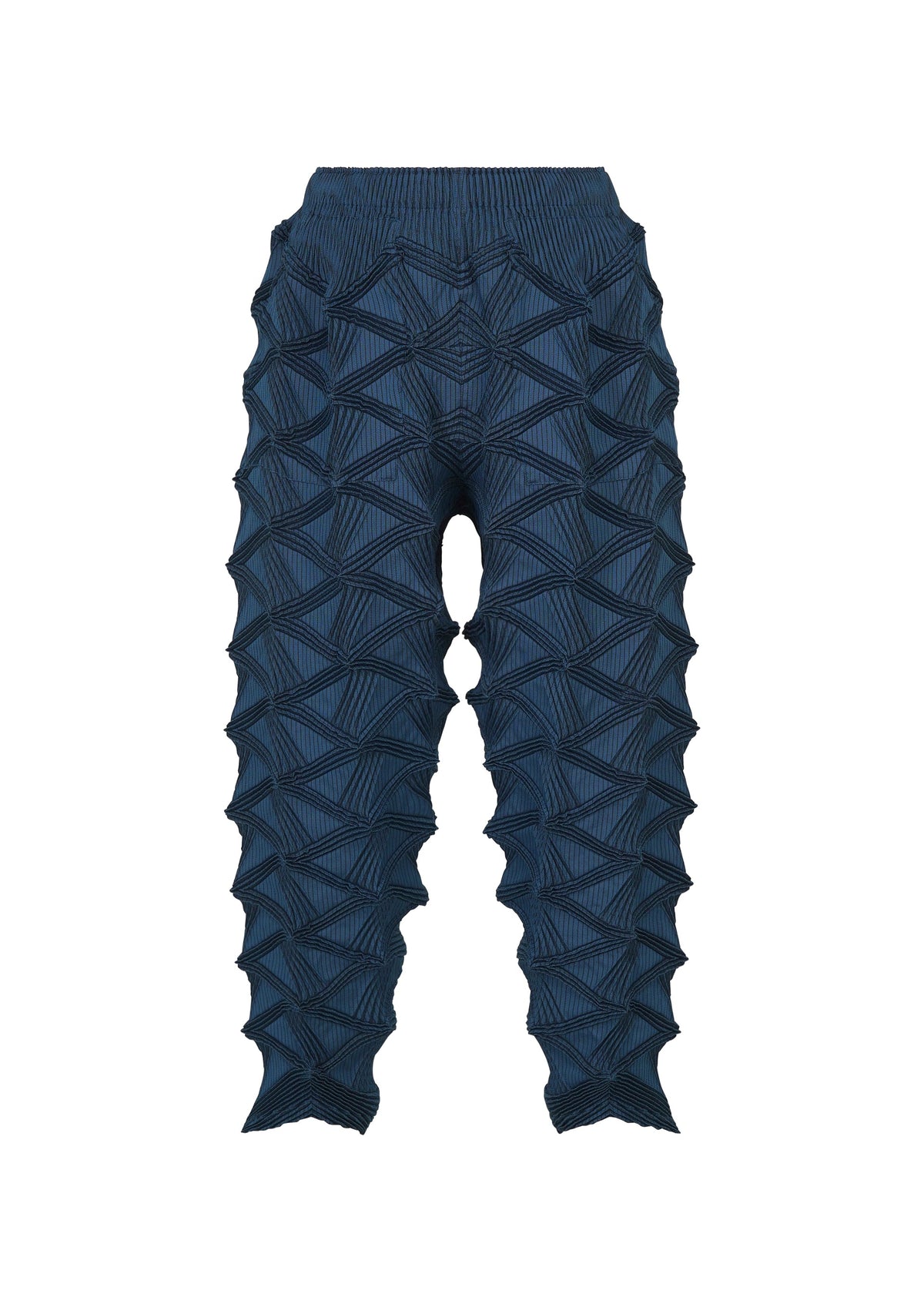 TYPE-O 023 pants by A-POC ABLE ISSEY MIYAKE in dark blue feature a geometric, 3D textured pattern that resembles layered, angular scales across the entire surface. Evoking the intricate look of pleated cardigans, these bold pants showcase a striking three-dimensional effect throughout. Displayed against a plain white background. view 3 of 10