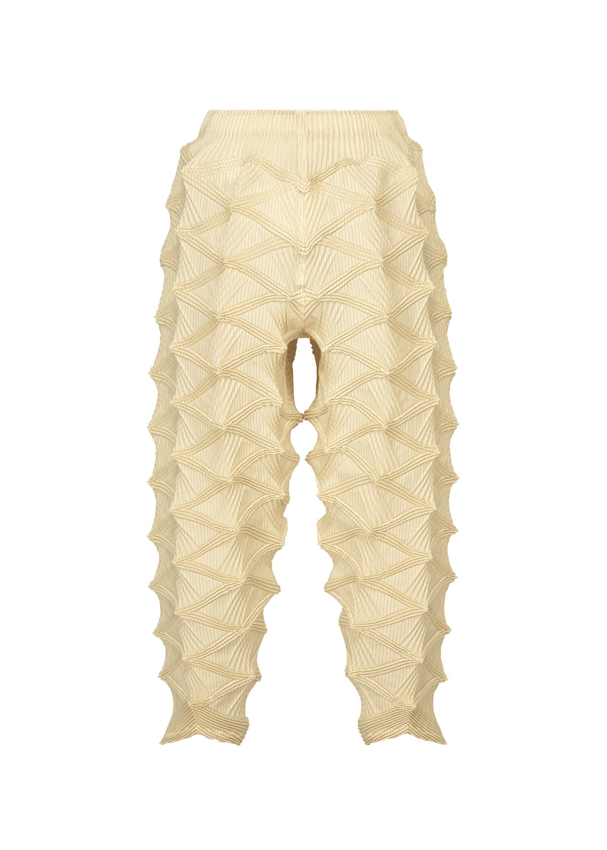 TYPE-O 023 by A-POC ABLE ISSEY MIYAKE are cream-colored, textured pants showcasing a geometric, three-dimensional pattern with pointed ridges along the legs and an elastic waistband—an ideal match for a pleated cardigan or pieces featuring unique, three-dimensional sleeves. view 4 of 10