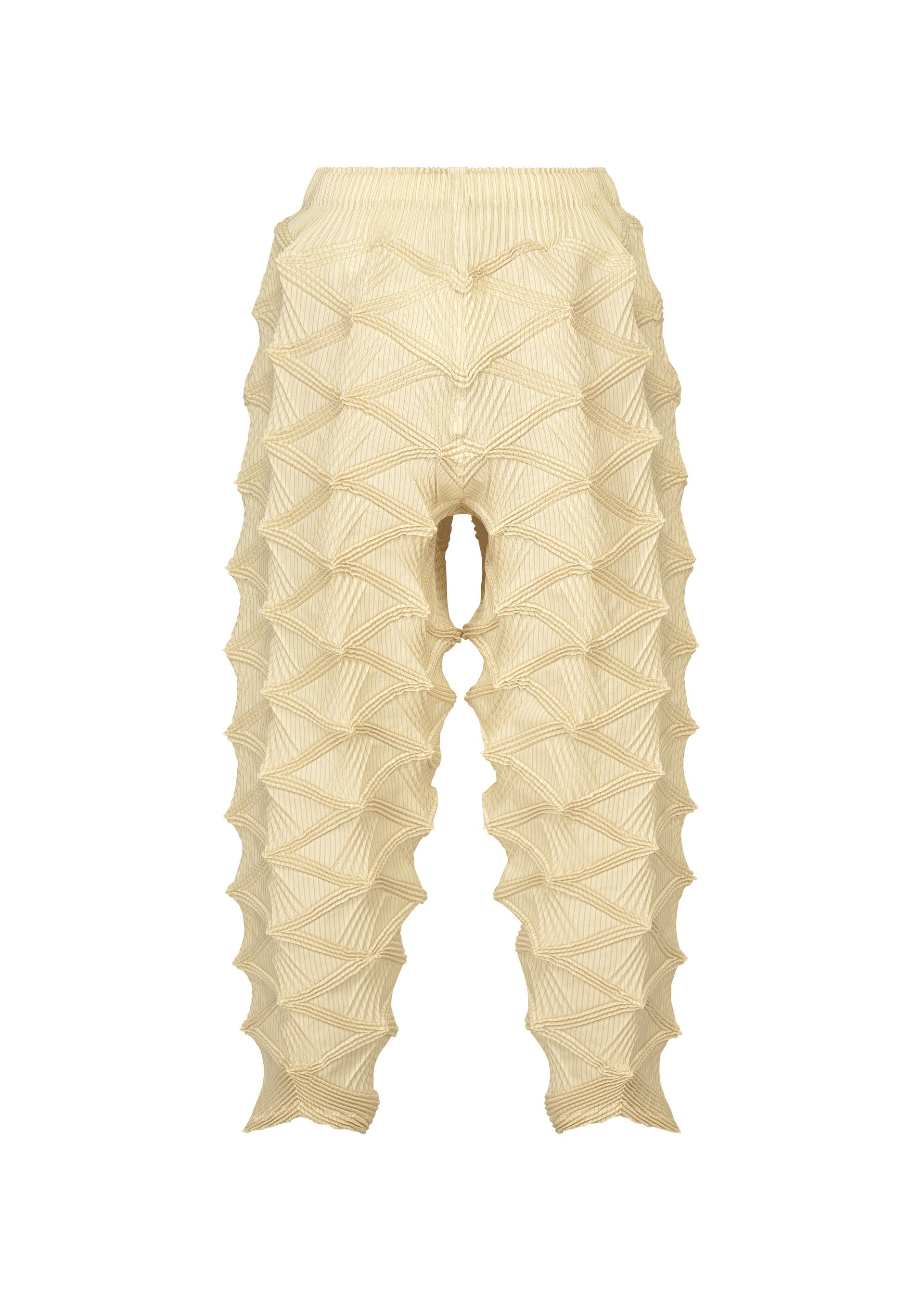 Zoomed view TYPE-O 023 by A-POC ABLE ISSEY MIYAKE are cream-colored, textured pants showcasing a geometric, three-dimensional pattern with pointed ridges along the legs and an elastic waistband—an ideal match for a pleated cardigan or pieces featuring unique, three-dimensional sleeves.