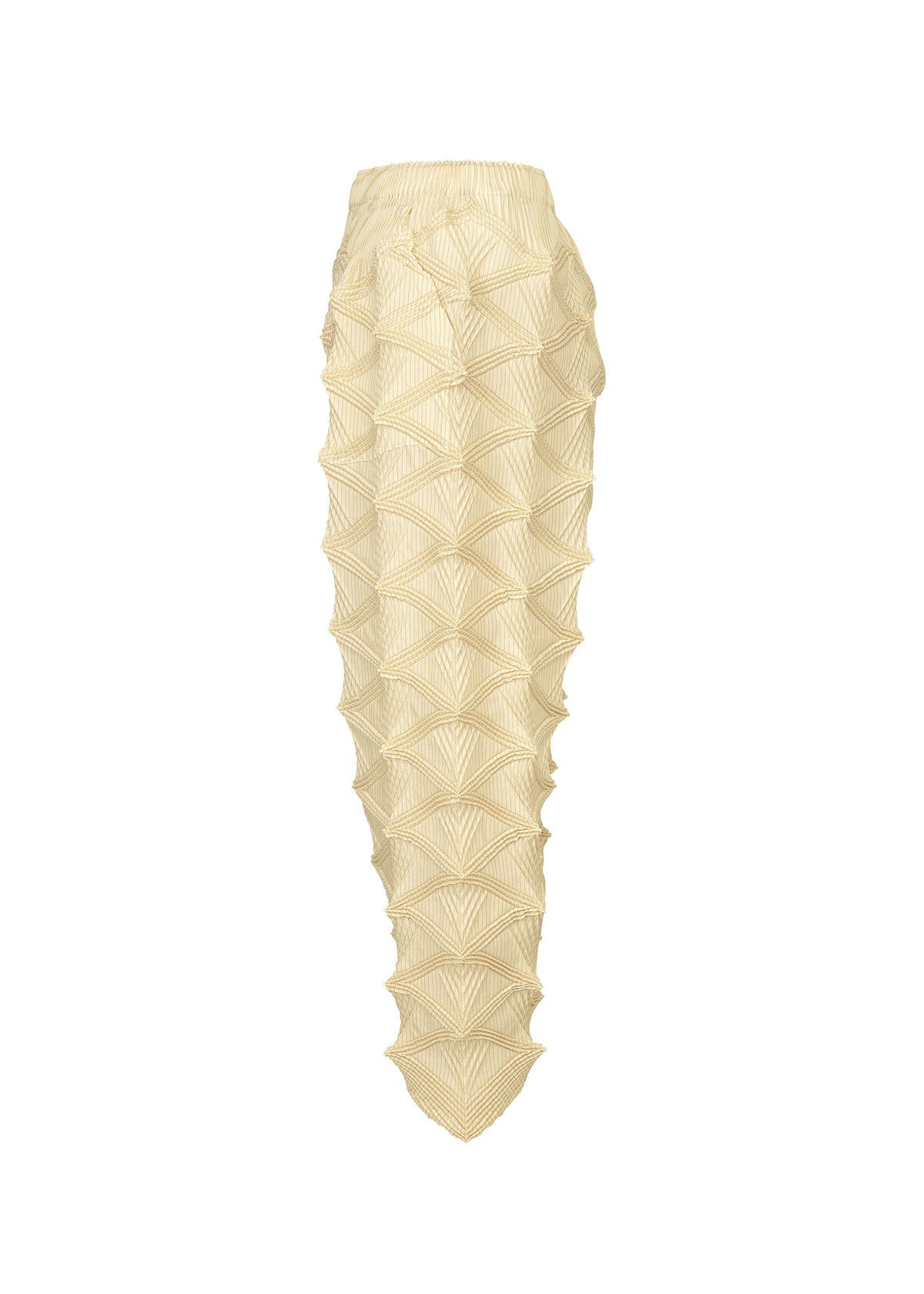 The TYPE-O 023 skirt by A-POC ABLE ISSEY MIYAKE, featuring a geometric fan-like textured pattern in beige and a pointed hemline, is displayed against a white background and elegantly paired with a pleated cardigan for an effortlessly sophisticated look. view 5 of 10