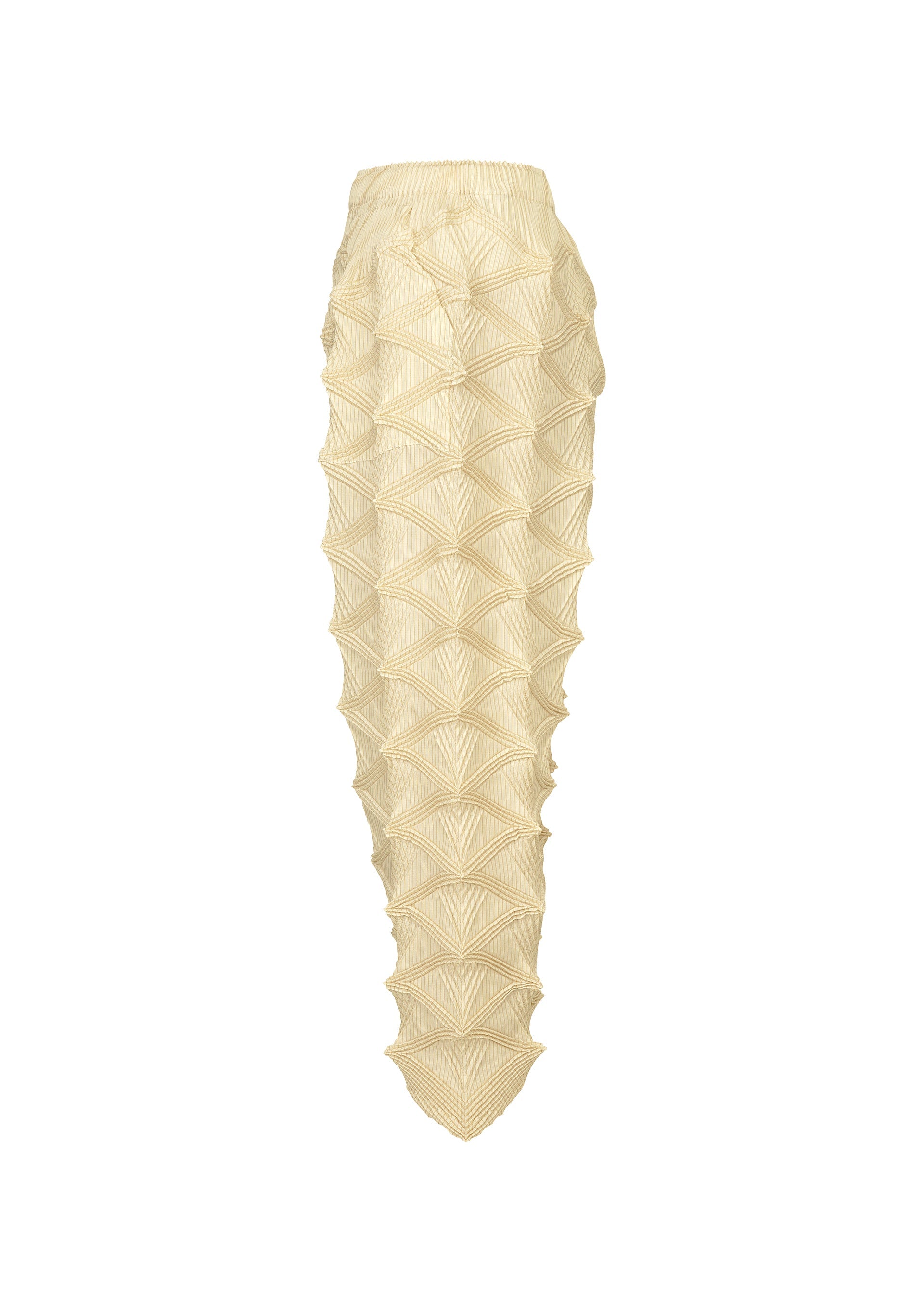 Zoomed view The TYPE-O 023 skirt by A-POC ABLE ISSEY MIYAKE, featuring a geometric fan-like textured pattern in beige and a pointed hemline, is displayed against a white background and elegantly paired with a pleated cardigan for an effortlessly sophisticated look.