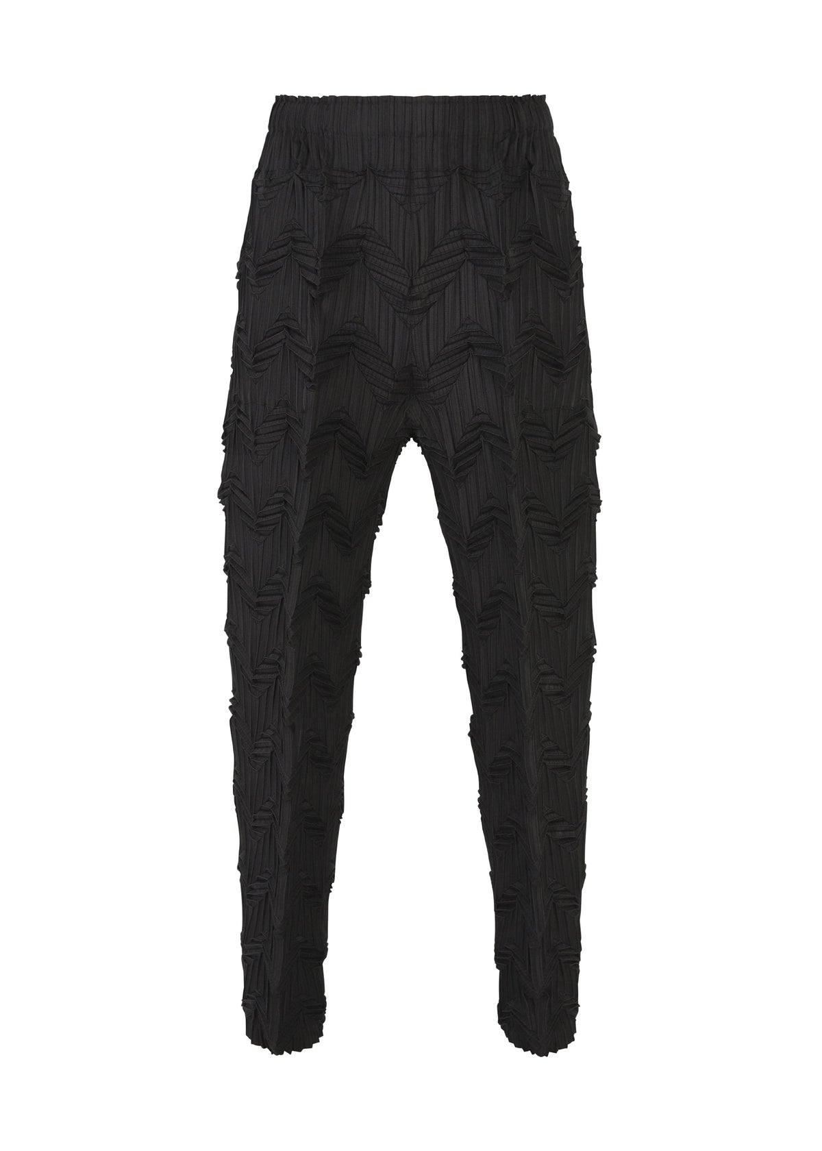 TYPE-O 019 pants by A-POC ABLE ISSEY MIYAKE feature a black zigzag chevron pattern made with the Steam Stretch technique. They offer a relaxed fit, tapered legs, and an elastic waistband for comfort and a modern, three-dimensional look. view 1 of 11