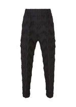 TYPE-O 019 pants by A-POC ABLE ISSEY MIYAKE feature a black zigzag chevron pattern made with the Steam Stretch technique. They offer a relaxed fit, tapered legs, and an elastic waistband for comfort and a modern, three-dimensional look. - BLACK （no.15）