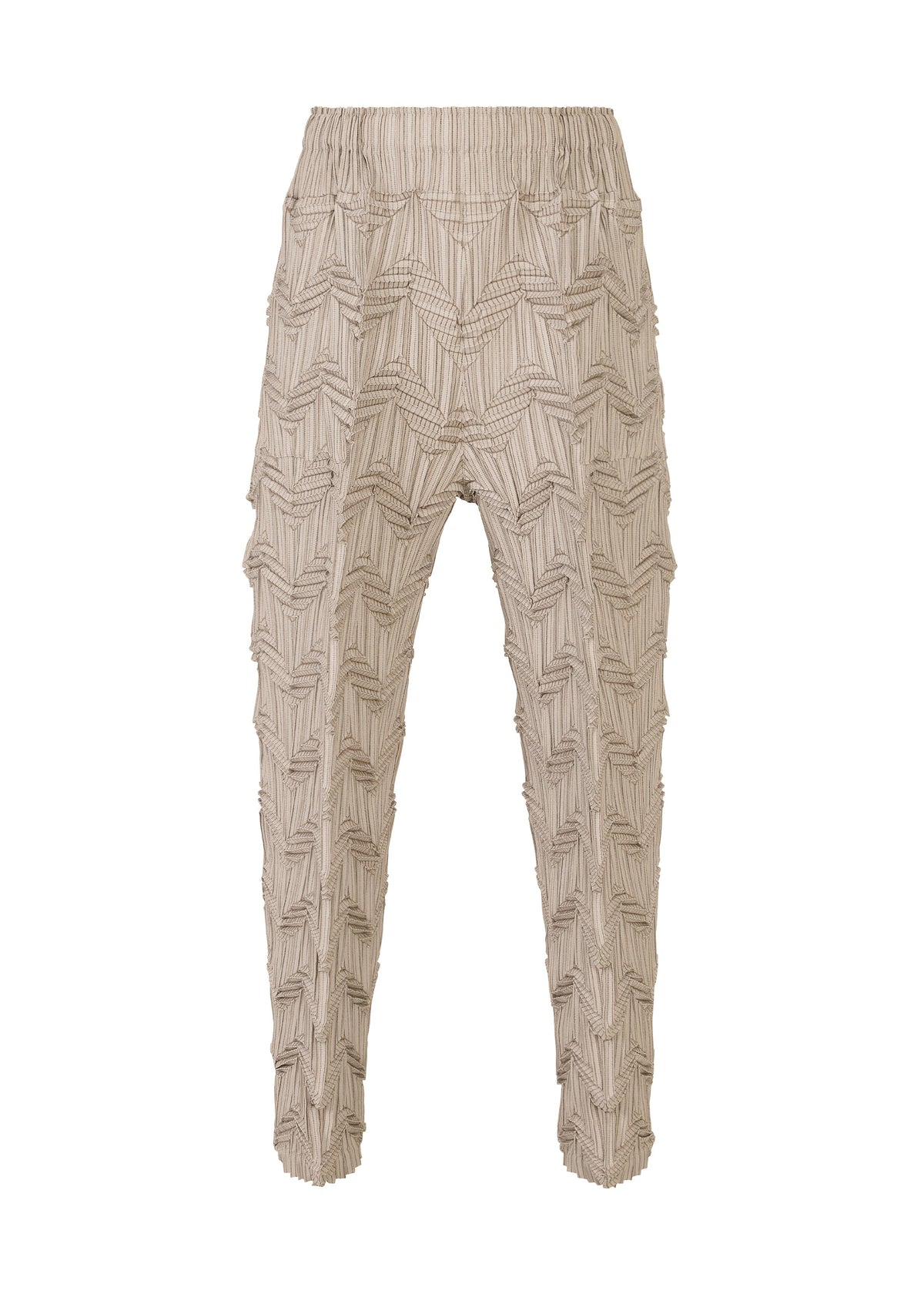 TYPE-O 019 by A-POC ABLE ISSEY MIYAKE are beige ankle-length pants with a zigzag pleat, elastic waistband, and a 3D geometric pattern made using the Steam Stretch technique. The fit is relaxed. view 2 of 11