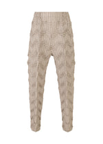 TYPE-O 019 by A-POC ABLE ISSEY MIYAKE are beige ankle-length pants with a zigzag pleat, elastic waistband, and a 3D geometric pattern made using the Steam Stretch technique. The fit is relaxed. - BEIGE-HUED （no.46）