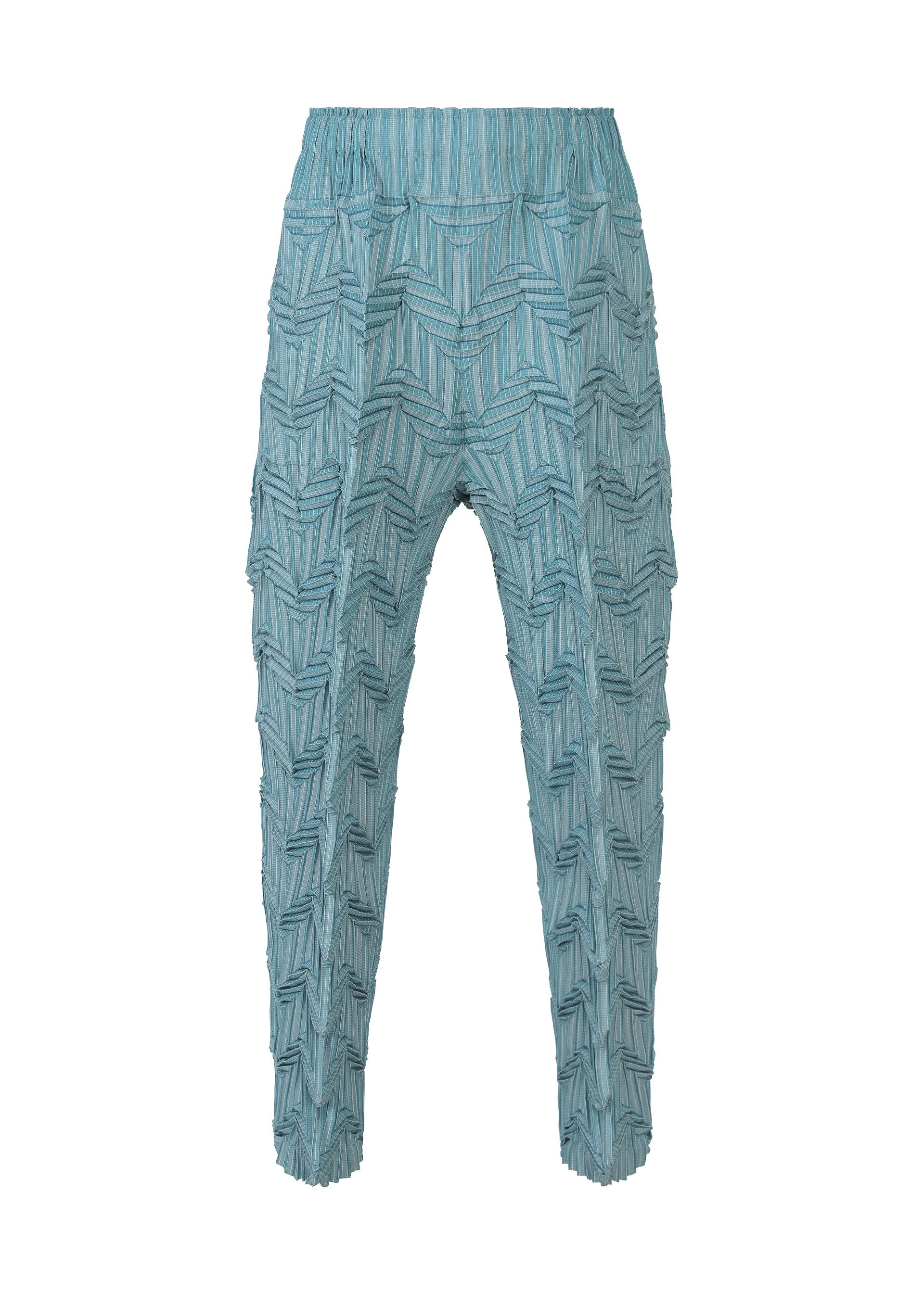Zoomed view The TYPE-O 019 pants by A-POC ABLE ISSEY MIYAKE feature a light blue zigzag pleat design, high elastic waistband, tapered ankle-length fit, and a unique three-dimensional geometric texture. - TURQUOISE BLUE-HUED （no.77）