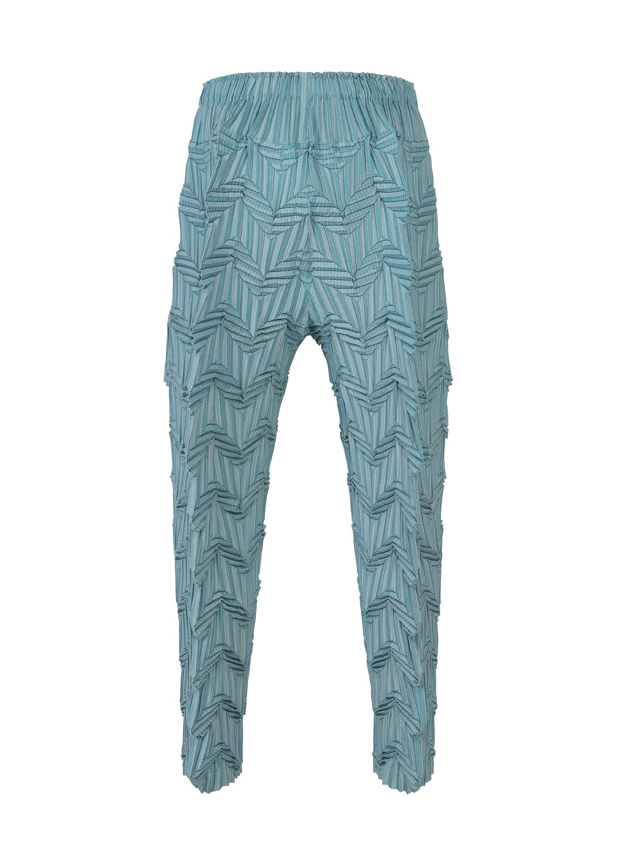 TYPE-O 019 pants by A-POC ABLE ISSEY MIYAKE: light blue with a geometric three-dimensional zigzag pleat, elastic waistband, loose fit, cropped length, and striking texture. Displayed against a white background. view 4 of 11