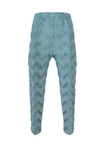 TYPE-O 019 pants by A-POC ABLE ISSEY MIYAKE: light blue with a geometric three-dimensional zigzag pleat, elastic waistband, loose fit, cropped length, and striking texture. Displayed against a white background.