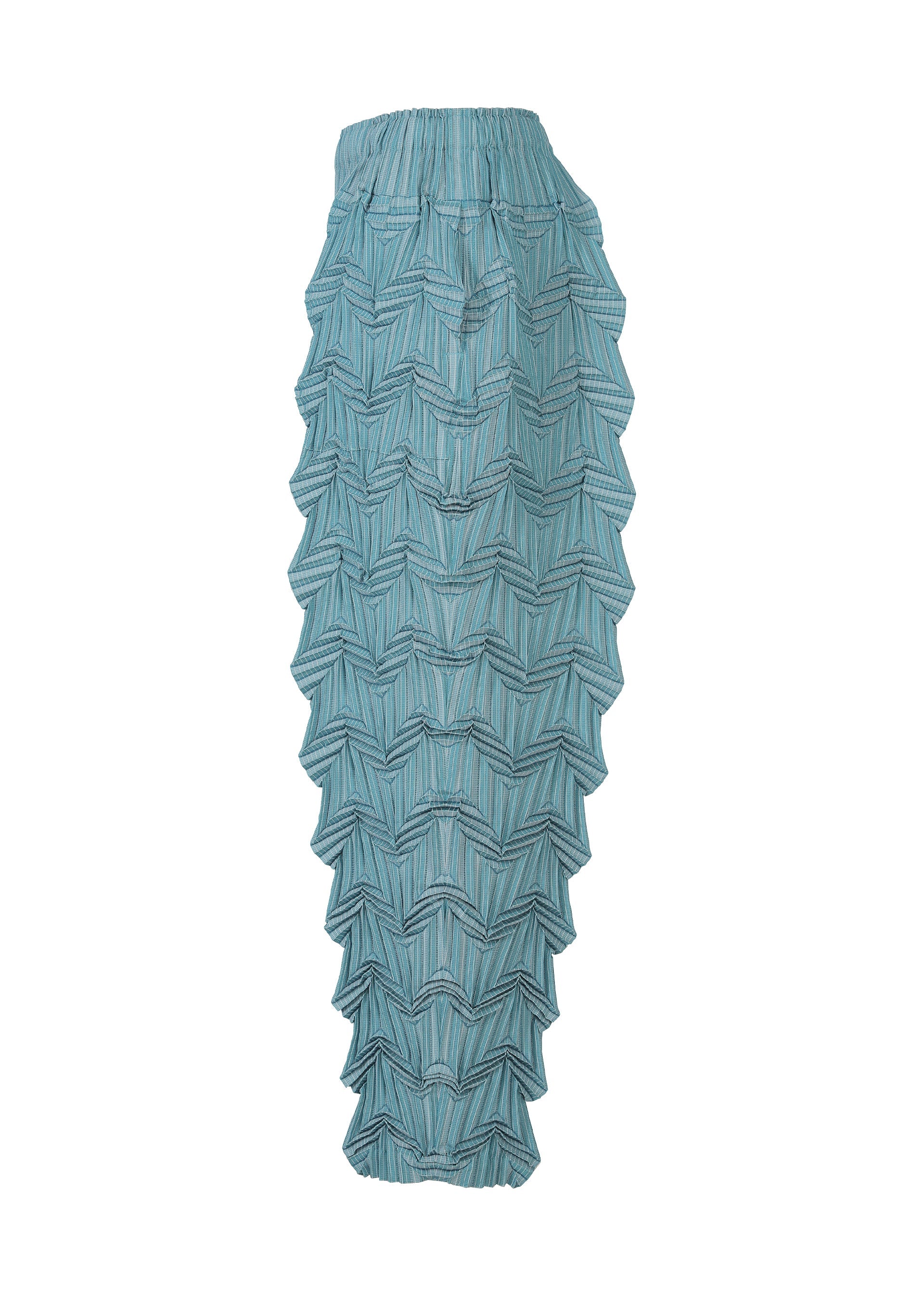 Zoomed view The TYPE-O 019 by A-POC ABLE ISSEY MIYAKE is a blue, ankle-length, high-waisted skirt featuring a distinctive geometric 3D zigzag pattern made with the Steam Stretch technique.