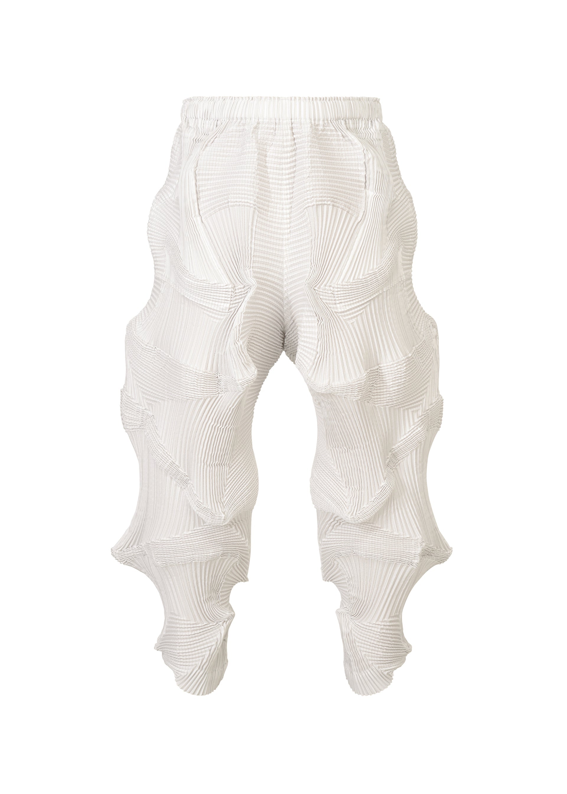 Zoomed view TYPE-O 003 pants by A-POC ABLE ISSEY MIYAKE, made from recycled polyester, showcase a white textured design with vertical sculptural 3D ridges and an elastic waistband. Presented against a plain white background. - WHITE-HUED （no.06）