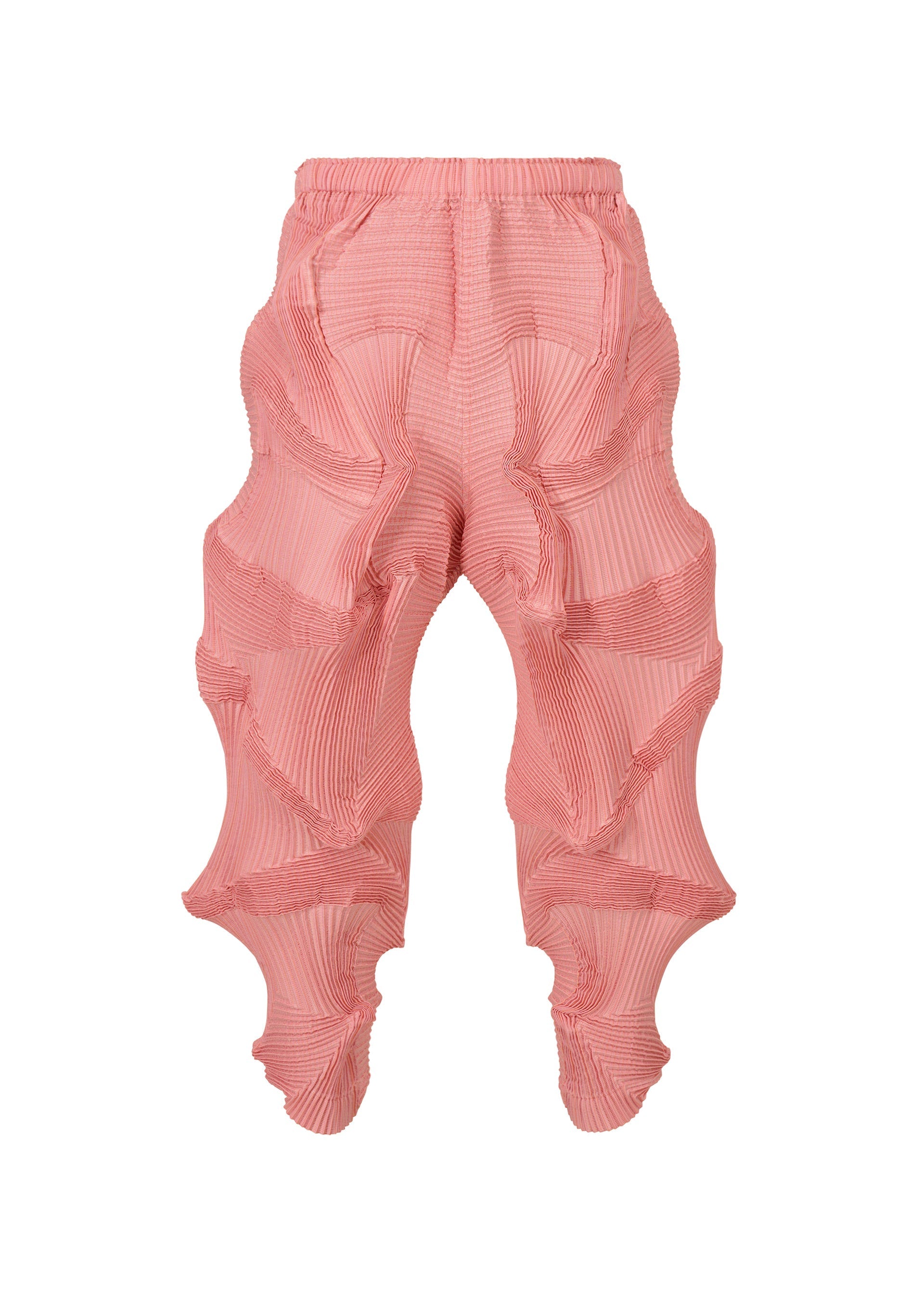 Zoomed view TYPE-O 003 pants by A-POC ABLE ISSEY MIYAKE feature recycled polyester, an elastic waistband, and bold 3D wavy ridges for a futuristic look. Shown in pink against a white background. - PINK-HUED （no.26）