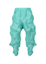 TYPE-O 003 by A-POC ABLE ISSEY MIYAKE are aqua blue Steam Stretch pants in recycled polyester, with ribbed texture, 3D wavy curves, and an elastic waistband for a bold, futuristic look. - EMERALD GREEN-HUED （no.67）