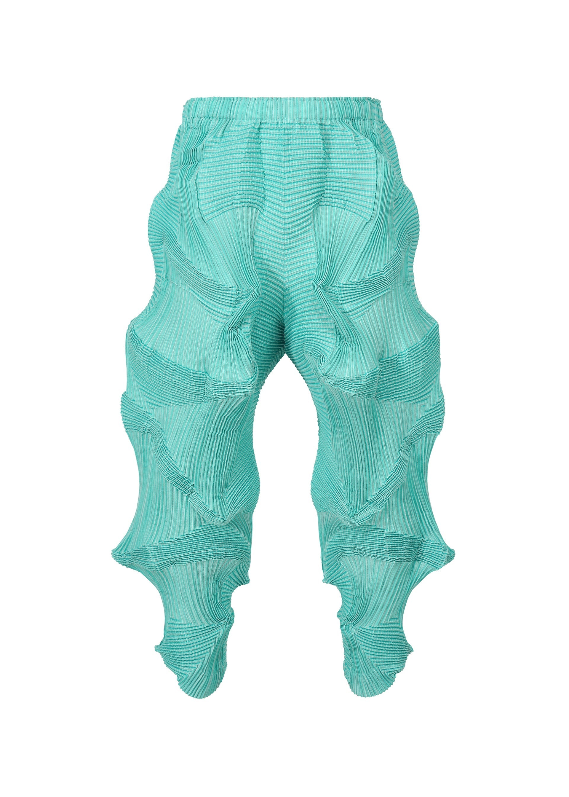 Zoomed view TYPE-O 003 by A-POC ABLE ISSEY MIYAKE are aqua blue Steam Stretch pants in recycled polyester, with ribbed texture, 3D wavy curves, and an elastic waistband for a bold, futuristic look. - EMERALD GREEN-HUED （no.67）