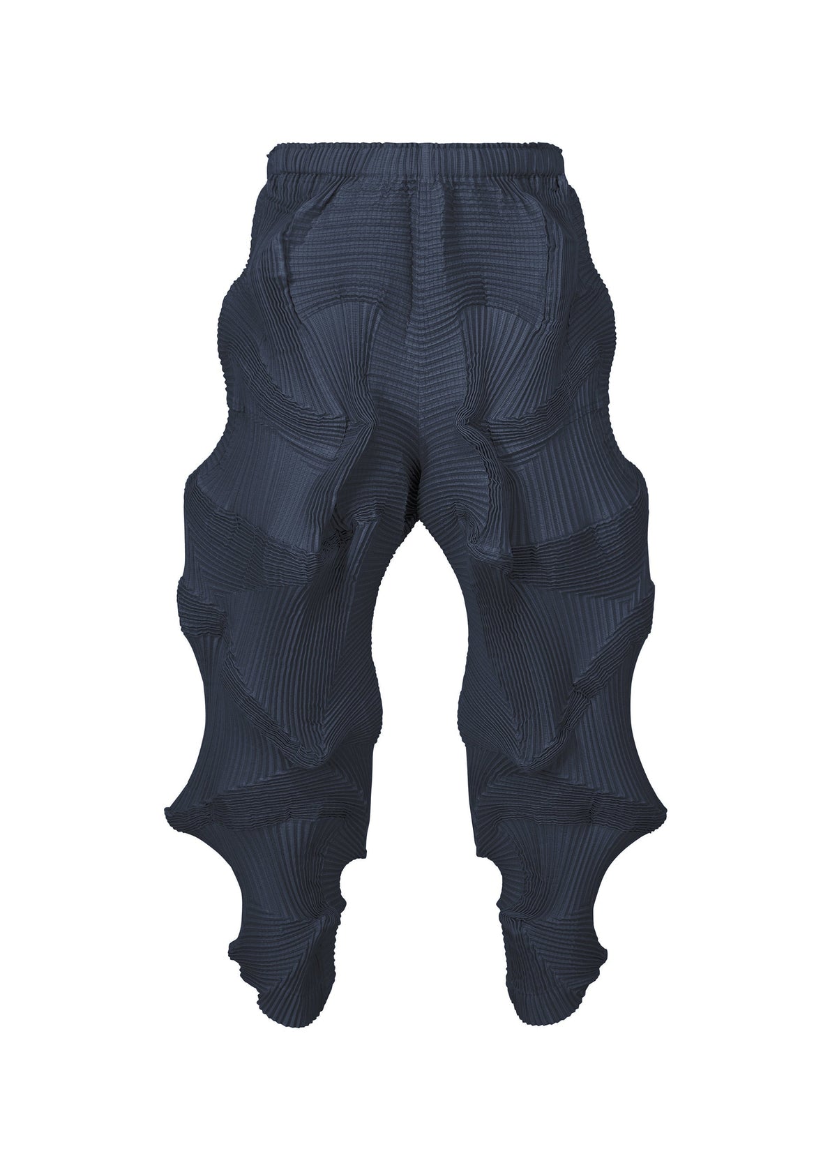 TYPE-O 003 by A-POC ABLE ISSEY MIYAKE: dark sculptural pants with dramatic wavy layered textures and bold curved leg shapes, crafted from recycled polyester. Shown on a white background. view 4 of 8