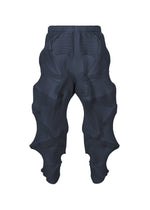 TYPE-O 003 by A-POC ABLE ISSEY MIYAKE: dark sculptural pants with dramatic wavy layered textures and bold curved leg shapes, crafted from recycled polyester. Shown on a white background. - NAVY （no.75）