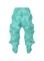 TYPE-O 003 by A-POC ABLE ISSEY MIYAKE are turquoise, pleated Steam Stretch pants made from recycled polyester, featuring wavy ruffles for a unique, three-dimensional texture down the legs.