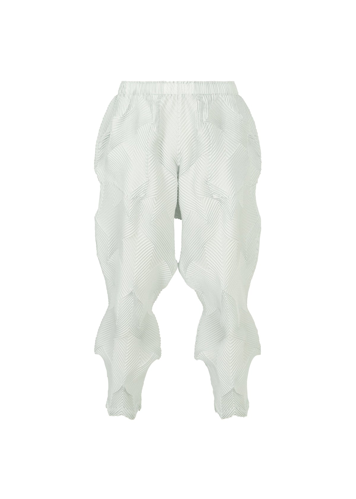The TYPE-O 010 pants from A-POC ABLE ISSEY MIYAKE feature light gray recycled polyester, a wavy 3D striped texture, and sculptural petal-like ruffles along the legs for a bold, artistic look. view 1 of 8