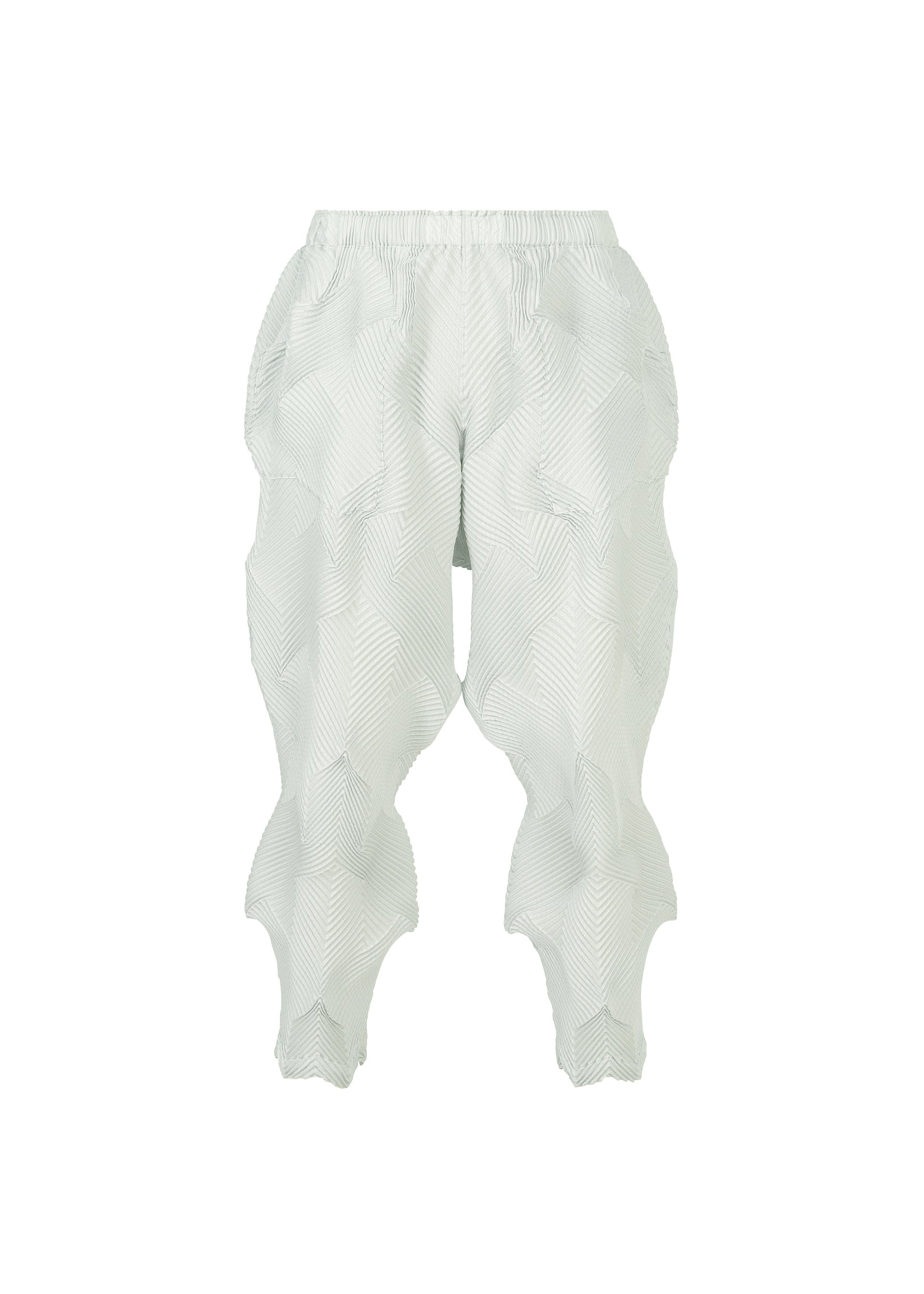 Zoomed view The TYPE-O 010 pants from A-POC ABLE ISSEY MIYAKE feature light gray recycled polyester, a wavy 3D striped texture, and sculptural petal-like ruffles along the legs for a bold, artistic look. - ICE GRAY （no.10）