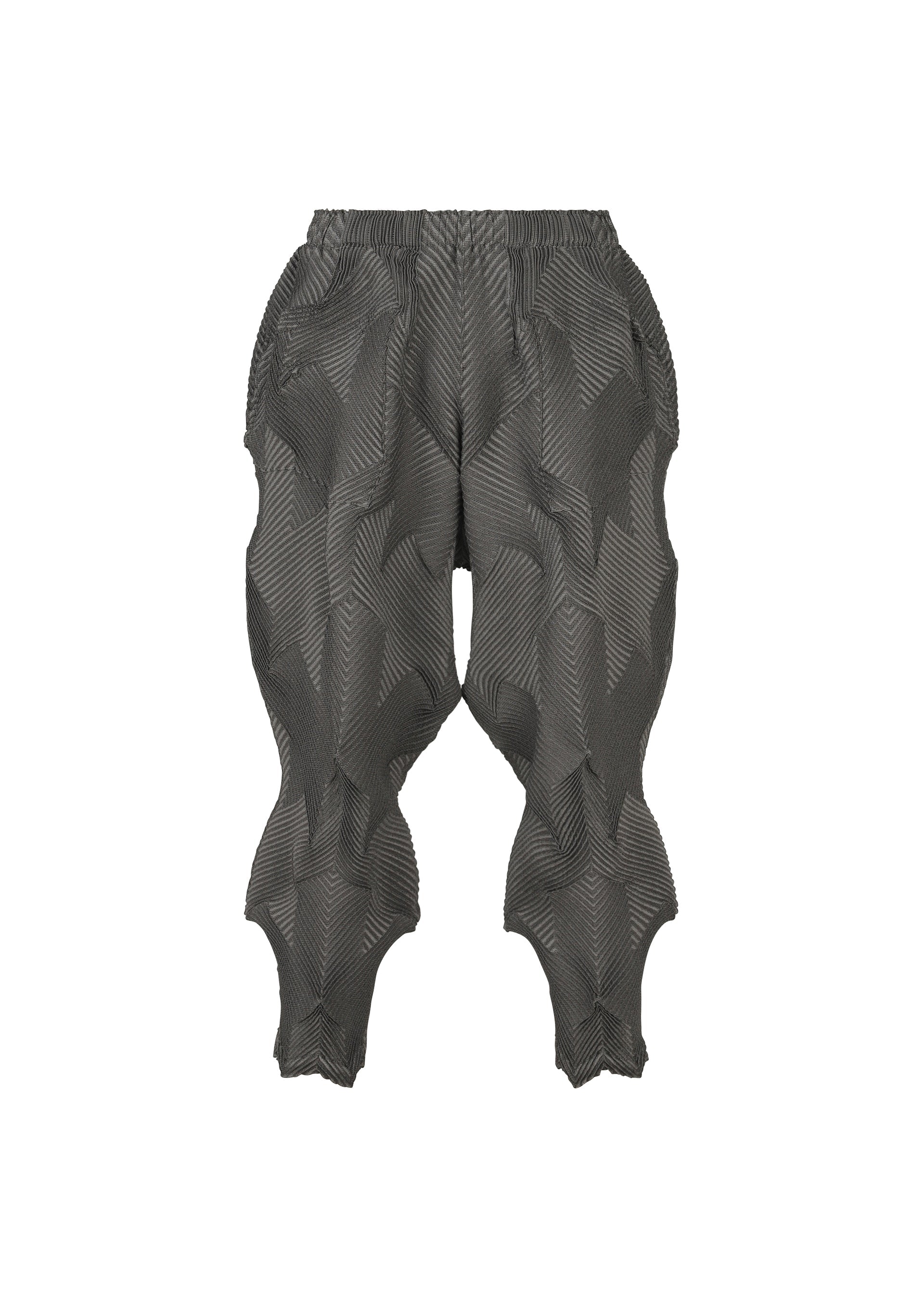 Zoomed view TYPE-O 010 by A-POC ABLE ISSEY MIYAKE: Gray pleated pants with a wavy, geometric texture in recycled polyester, elastic waistband, and side pockets, shown on a white background. - DARK GRAY （no.14）