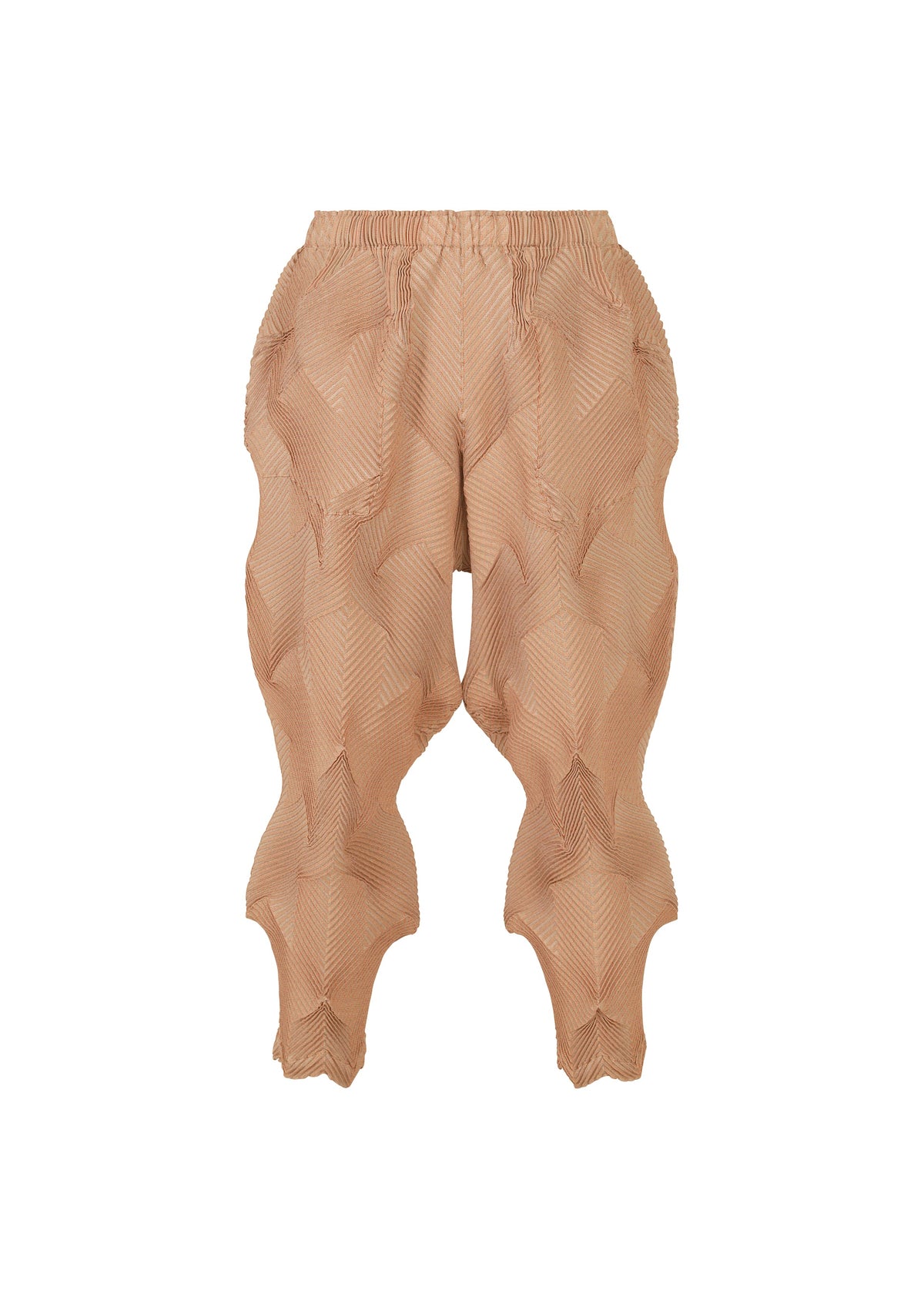 TYPE-O 010 pants by A-POC ABLE ISSEY MIYAKE feature tan, textured pleats with a wavy, 3D geometric pattern and an elastic waistband. Displayed on a white background, they offer a unique, sculptural look. view 3 of 8