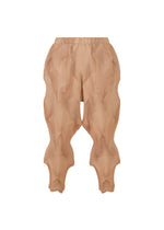 TYPE-O 010 pants by A-POC ABLE ISSEY MIYAKE feature tan, textured pleats with a wavy, 3D geometric pattern and an elastic waistband. Displayed on a white background, they offer a unique, sculptural look. - BEIGE-HUED （no.46）