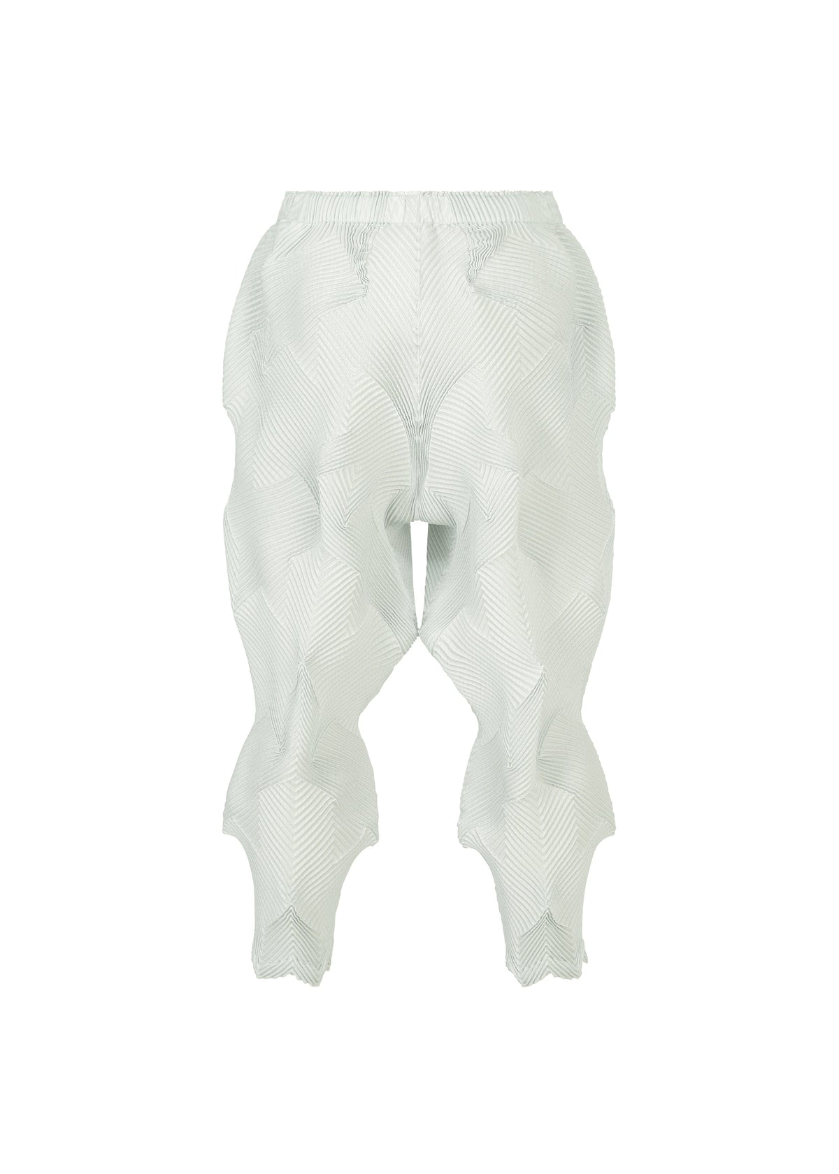 The TYPE-O 010 by A-POC ABLE ISSEY MIYAKE are light gray pleated pants crafted from recycled polyester, featuring a high waist and wavy geometric texture, shown against a white background. view 4 of 8