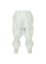 The TYPE-O 010 by A-POC ABLE ISSEY MIYAKE are light gray pleated pants crafted from recycled polyester, featuring a high waist and wavy geometric texture, shown against a white background.
