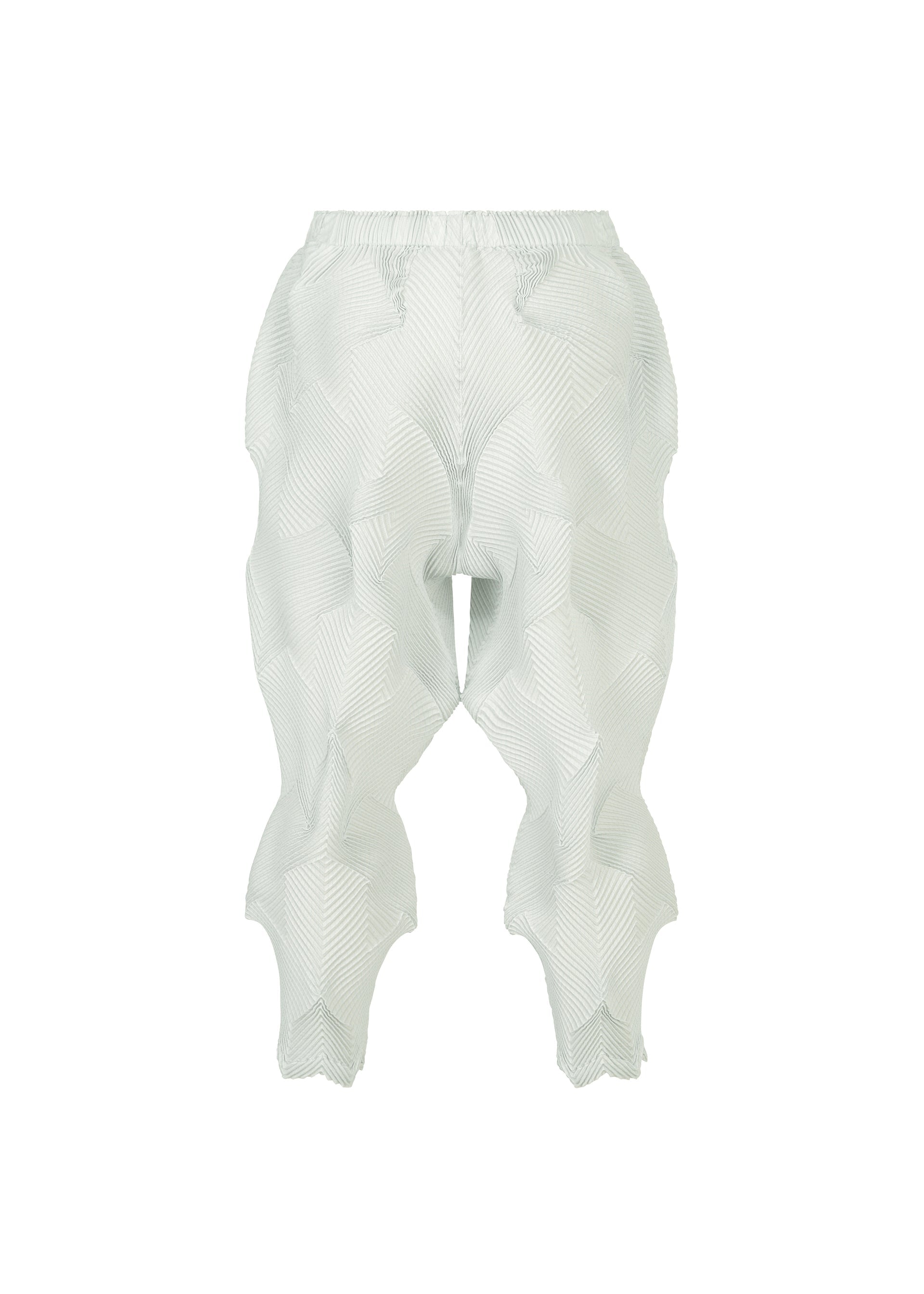 Zoomed view The TYPE-O 010 by A-POC ABLE ISSEY MIYAKE are light gray pleated pants crafted from recycled polyester, featuring a high waist and wavy geometric texture, shown against a white background.