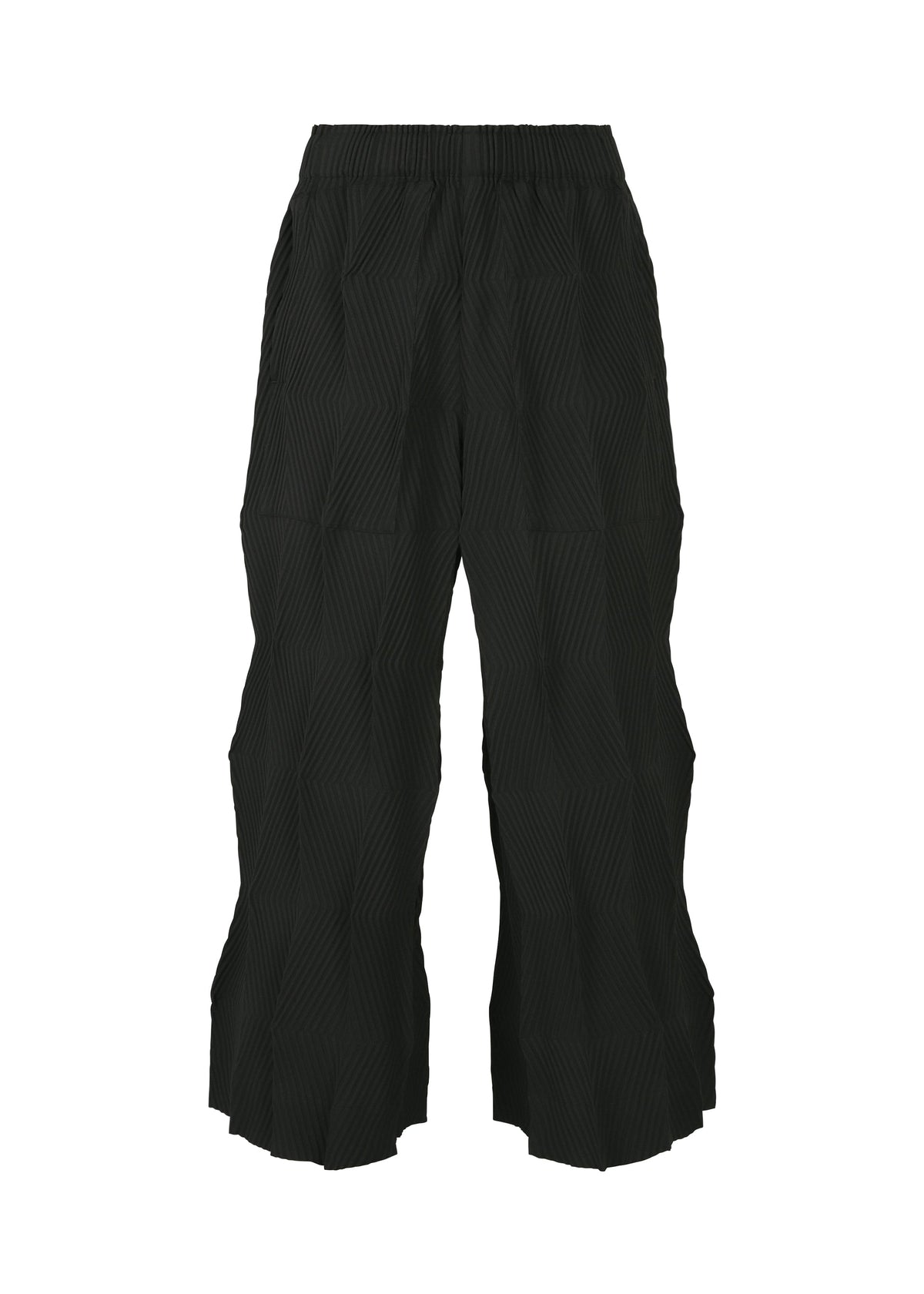 The TYPE-W 009-1 by A-POC ABLE ISSEY MIYAKE are black wide-leg Steam Stretch pants with an elastic waistband, stretchy polyester fabric, and a geometric textured pattern for a modern, relaxed look. view 1 of 8