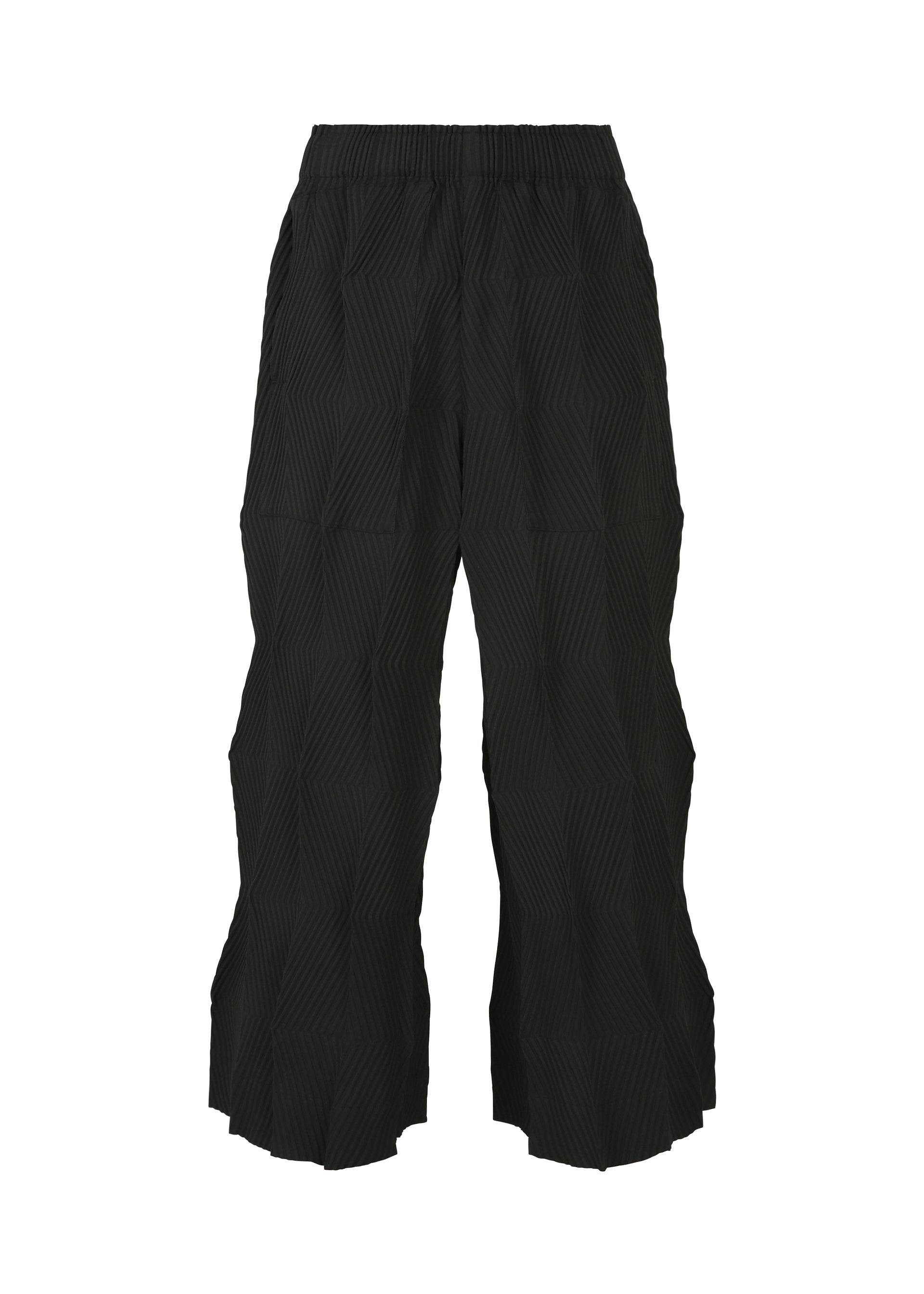 Zoomed view The TYPE-W 009-1 by A-POC ABLE ISSEY MIYAKE are black wide-leg Steam Stretch pants with an elastic waistband, stretchy polyester fabric, and a geometric textured pattern for a modern, relaxed look. - BLACK （no.15）