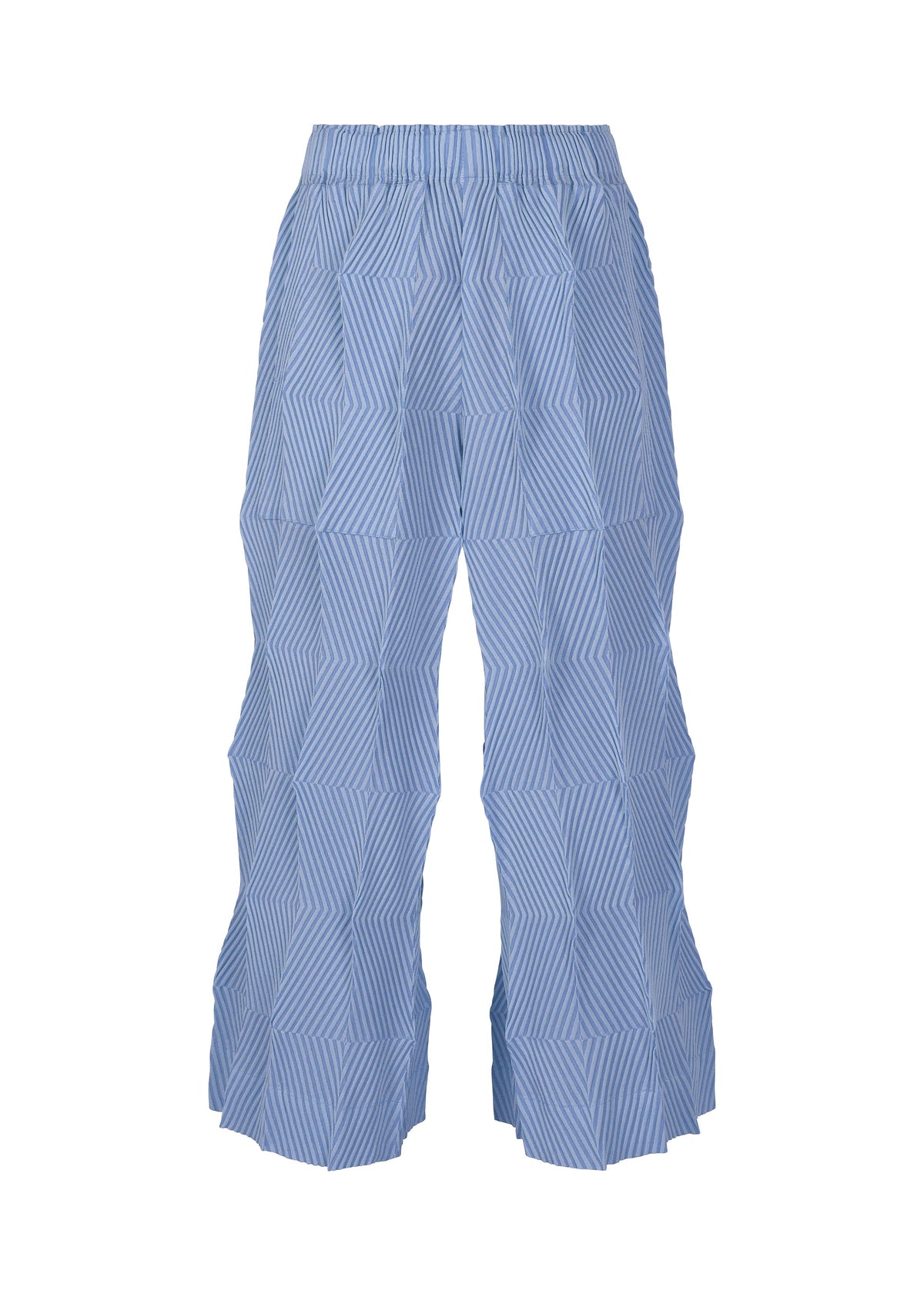 The TYPE-W 009-1 pants by A-POC ABLE ISSEY MIYAKE feature a blue and white geometric patchwork stripe, relaxed fit, stretchy polyester, and an elastic waistband. view 3 of 8