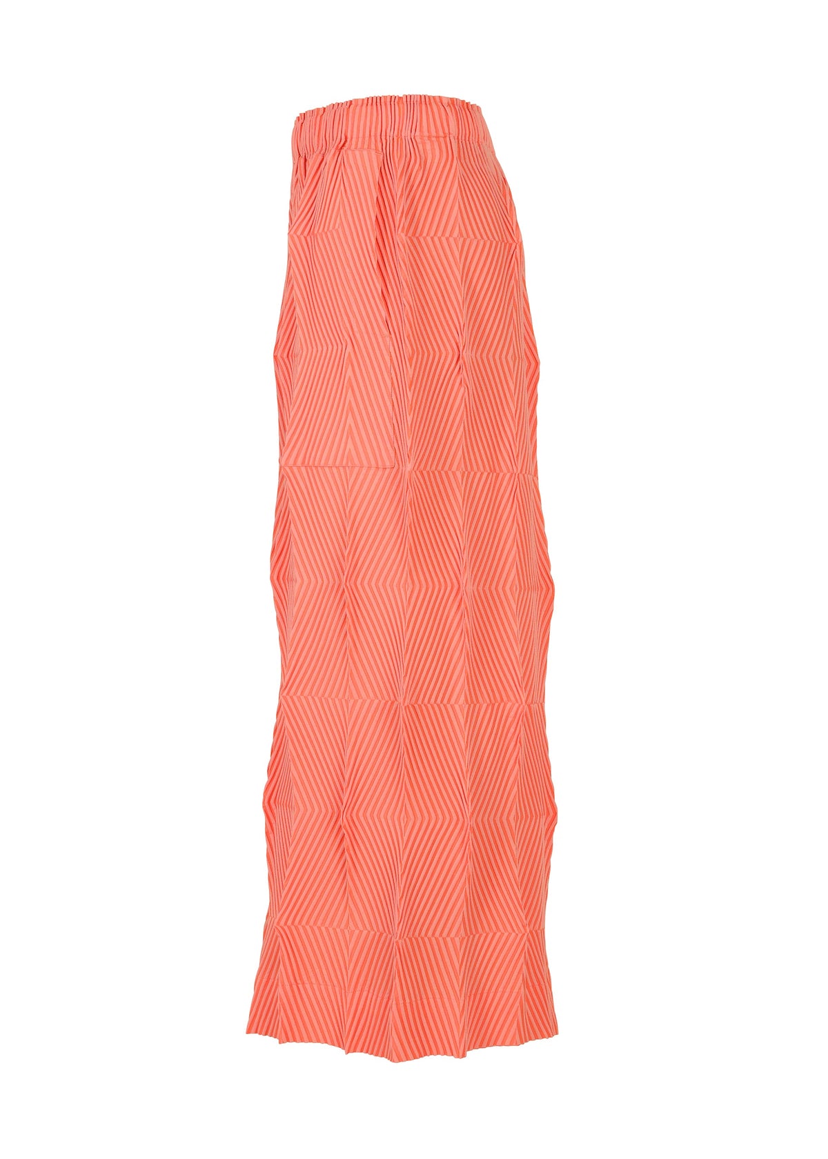TYPE-W 009-1 by A-POC ABLE ISSEY MIYAKE is a coral skirt with subtle geometric stripes, an elastic waistband, and stretchy polyester for a relaxed fit. The lightweight, flowy fabric is shown against a white background. view 5 of 8