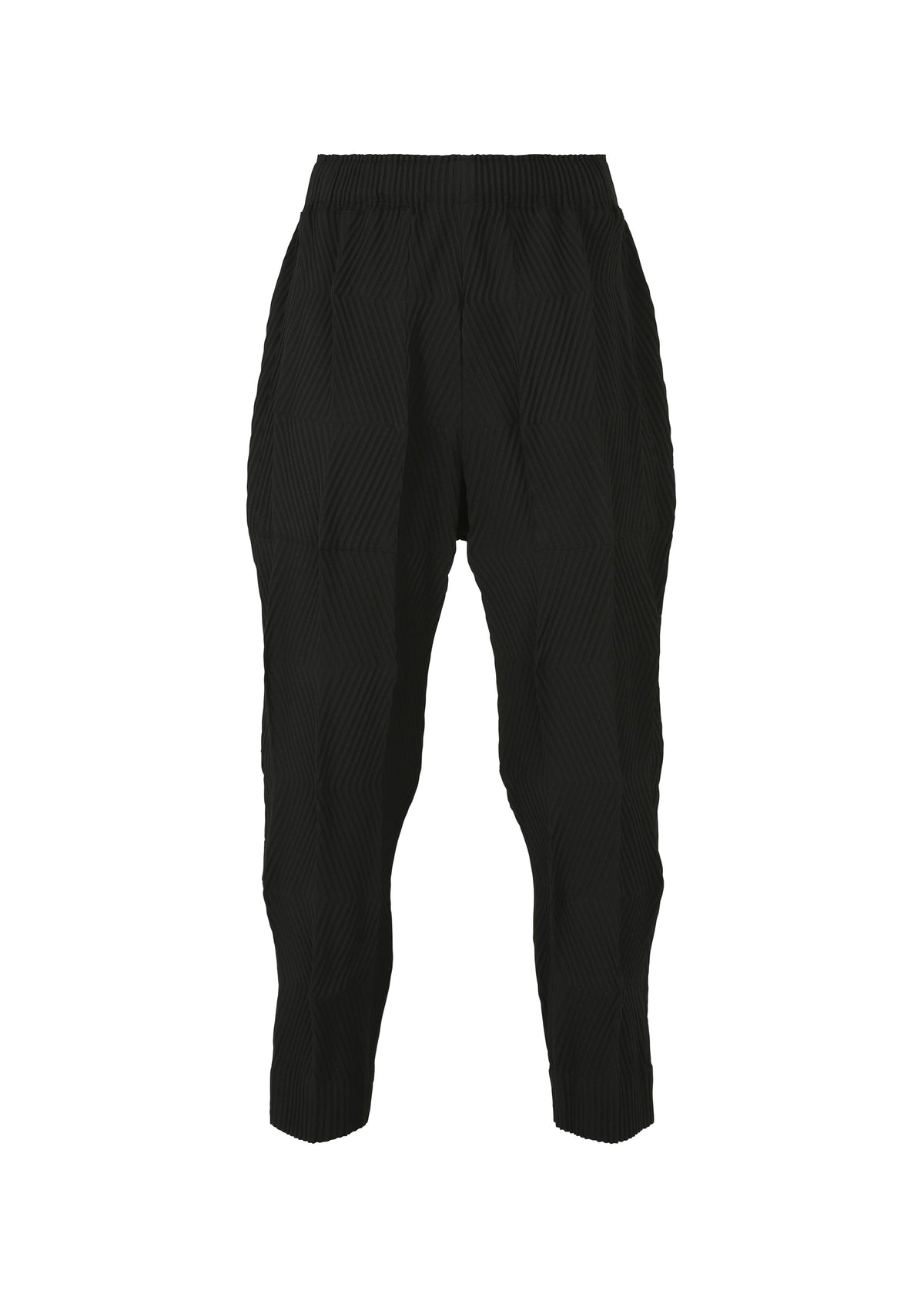 TYPE-W 009-2 pants by A-POC ABLE ISSEY MIYAKE showcase a textured geometric pattern in black, designed with an elastic waistband and tapered legs. Made from stretchy polyester for enhanced comfort, these relaxed fit pants combine style with ease. The TYPE-W 009-2 Steam Stretch pants are displayed on a plain white background. view 1 of 9