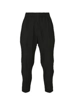 TYPE-W 009-2 pants by A-POC ABLE ISSEY MIYAKE showcase a textured geometric pattern in black, designed with an elastic waistband and tapered legs. Made from stretchy polyester for enhanced comfort, these relaxed fit pants combine style with ease. The TYPE-W 009-2 Steam Stretch pants are displayed on a plain white background. - BLACK （no.15）
