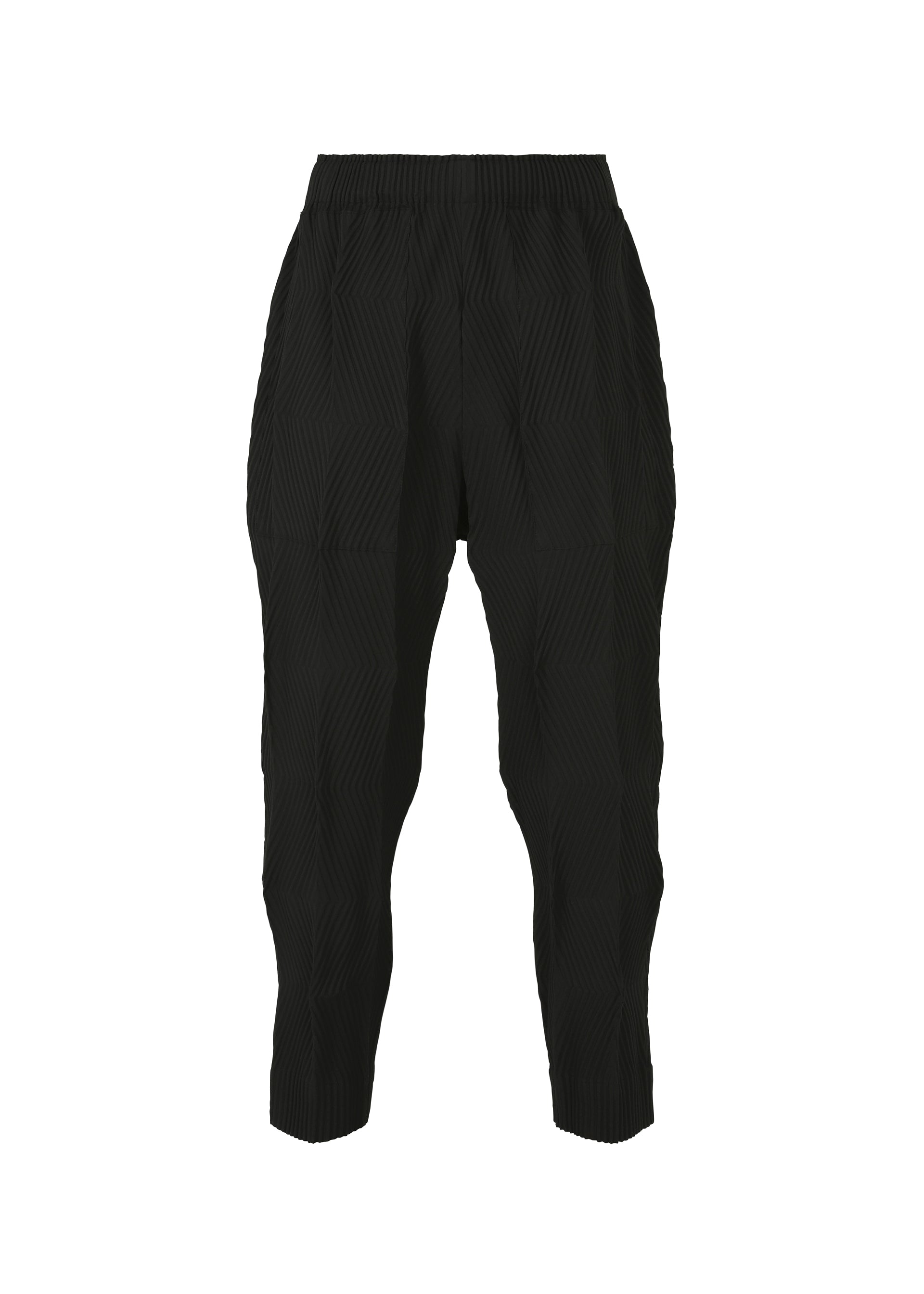Zoomed view TYPE-W 009-2 pants by A-POC ABLE ISSEY MIYAKE showcase a textured geometric pattern in black, designed with an elastic waistband and tapered legs. Made from stretchy polyester for enhanced comfort, these relaxed fit pants combine style with ease. The TYPE-W 009-2 Steam Stretch pants are displayed on a plain white background. - BLACK （no.15）