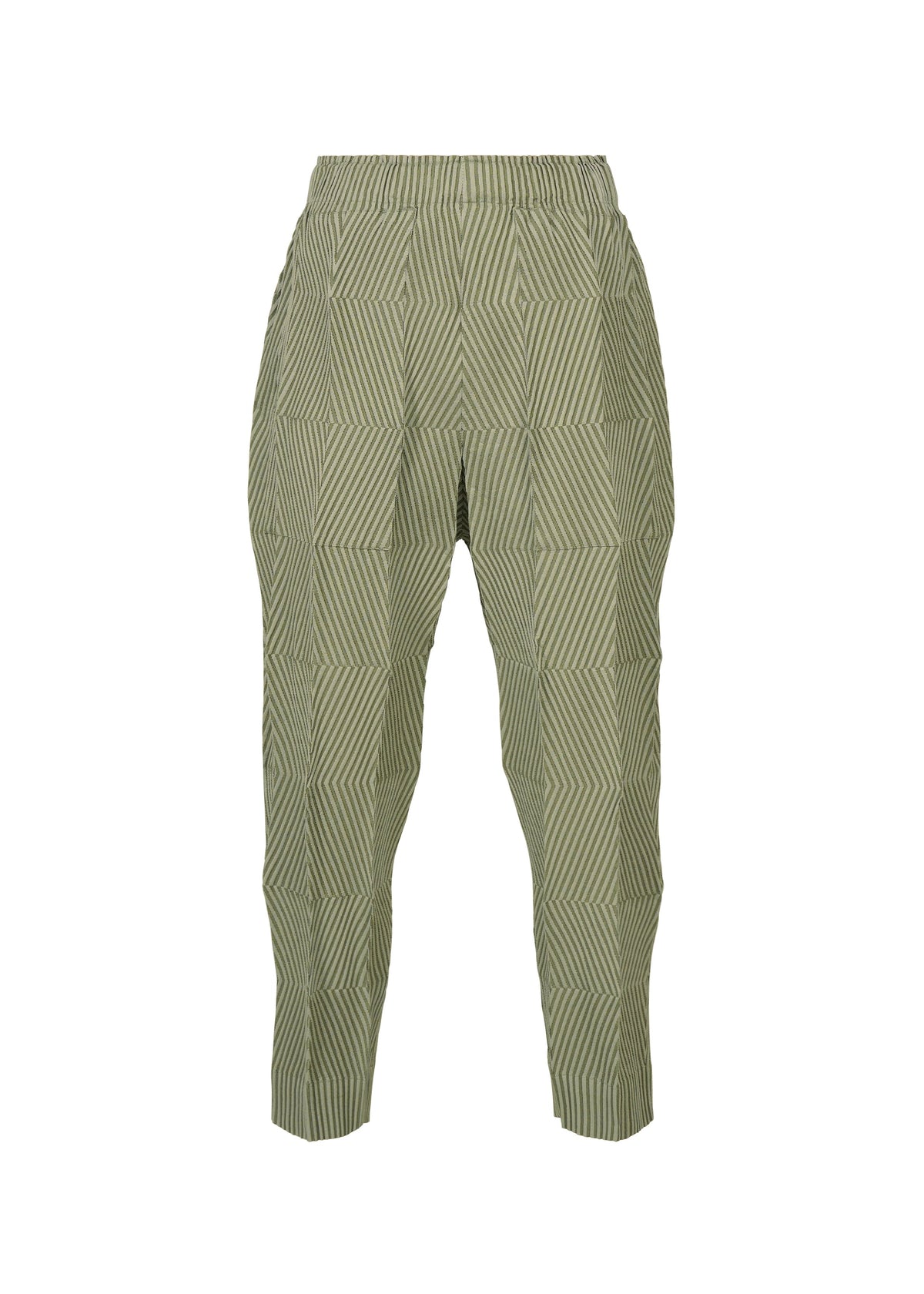 TYPE-W 009-2 Steam Stretch pants by A-POC ABLE ISSEY MIYAKE feature a green and white geometric checkered pattern, high-waisted silhouette, elastic waistband, tapered legs, and an ankle-length cut. Crafted from stretchy polyester, they offer a comfortable fit. view 2 of 9