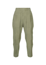 TYPE-W 009-2 Steam Stretch pants by A-POC ABLE ISSEY MIYAKE feature a green and white geometric checkered pattern, high-waisted silhouette, elastic waistband, tapered legs, and an ankle-length cut. Crafted from stretchy polyester, they offer a comfortable fit. - KHAKI （no.65）