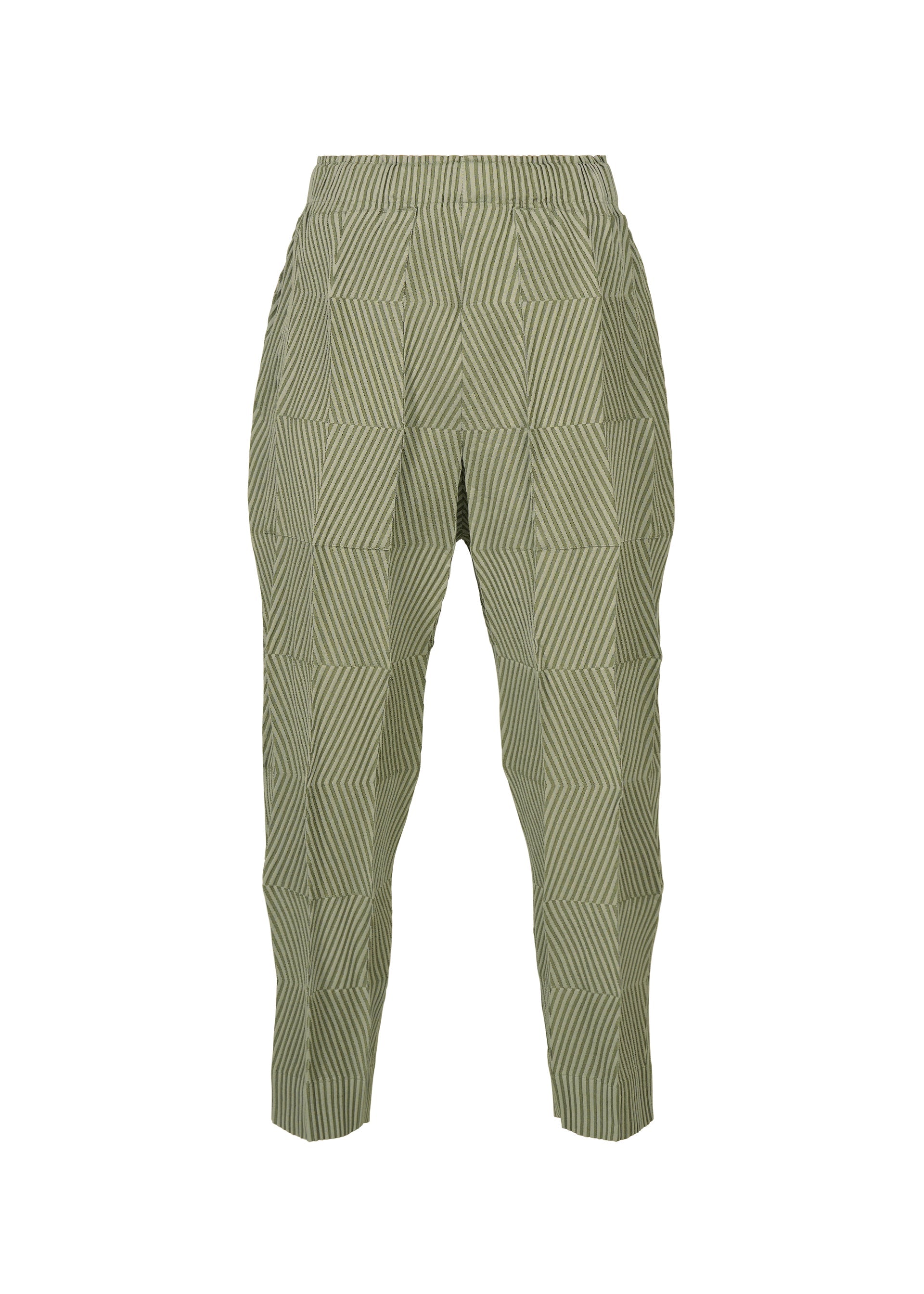 Zoomed view TYPE-W 009-2 Steam Stretch pants by A-POC ABLE ISSEY MIYAKE feature a green and white geometric checkered pattern, high-waisted silhouette, elastic waistband, tapered legs, and an ankle-length cut. Crafted from stretchy polyester, they offer a comfortable fit. - KHAKI （no.65）