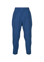 TYPE-W 009-2 by A-POC ABLE ISSEY MIYAKE: These blue cropped Steam Stretch pants feature an elastic waistband and a geometric striped pattern. Crafted from stretchy polyester for a relaxed fit, they are displayed against a plain white background. - BLUE （no.72）