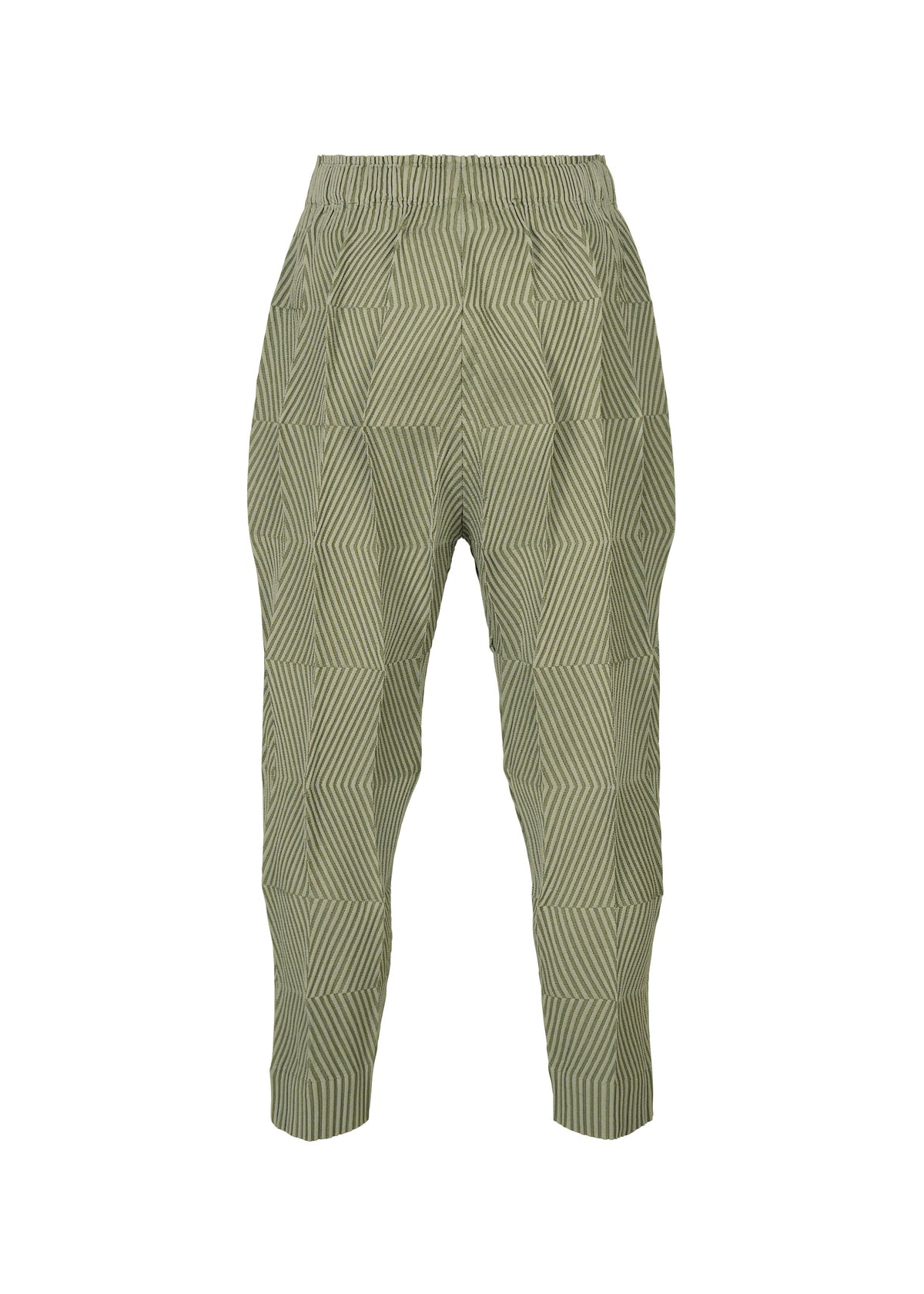 The TYPE-W 009-2 pants by A-POC ABLE ISSEY MIYAKE feature a light green geometric striped pattern. Designed with a relaxed fit, they have an elastic waistband and tapering at the ankles. Crafted from stretchy polyester, these pants create a striking optical illusion effect. view 4 of 9