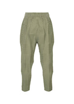 The TYPE-W 009-2 pants by A-POC ABLE ISSEY MIYAKE feature a light green geometric striped pattern. Designed with a relaxed fit, they have an elastic waistband and tapering at the ankles. Crafted from stretchy polyester, these pants create a striking optical illusion effect.