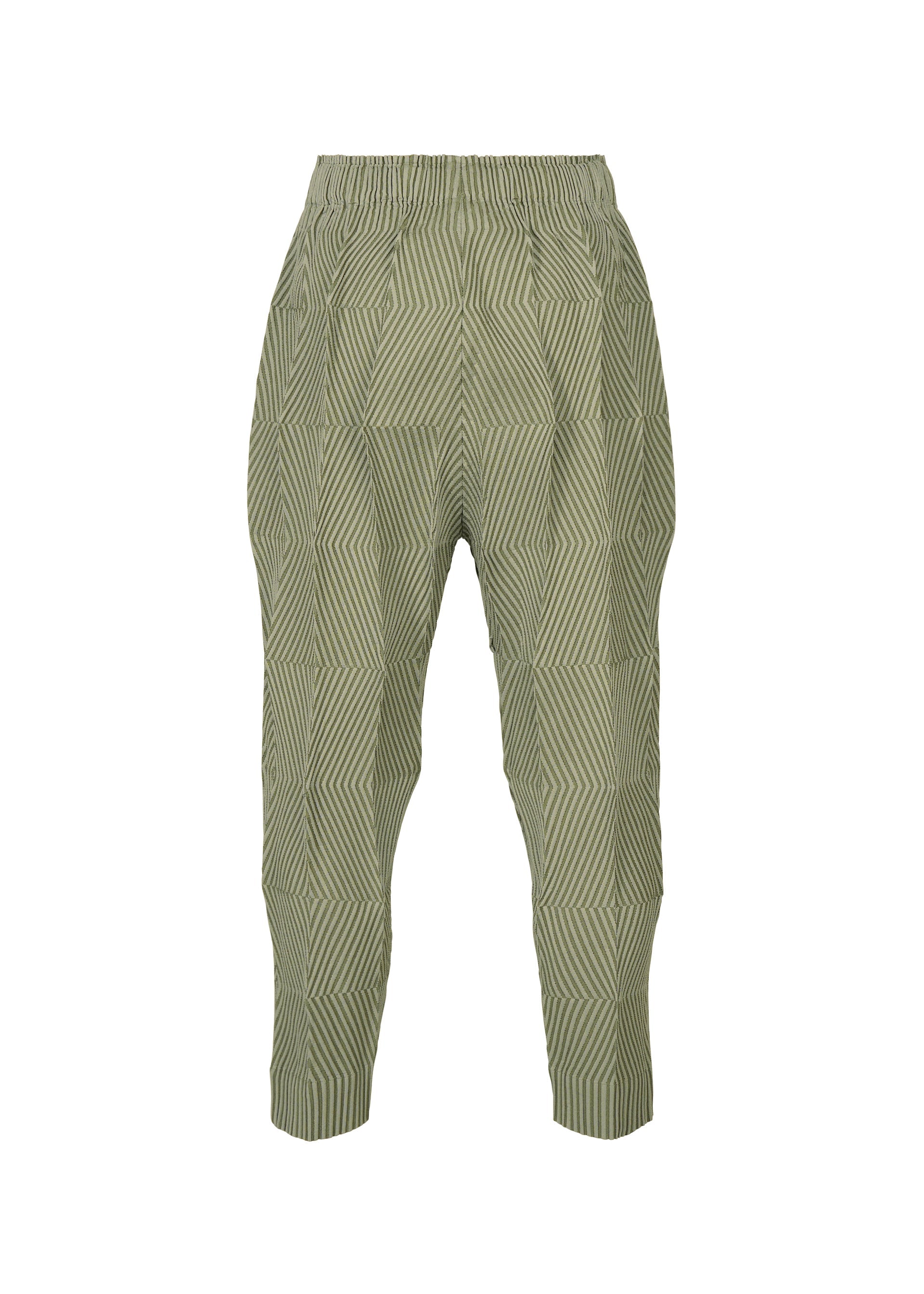 Zoomed view The TYPE-W 009-2 pants by A-POC ABLE ISSEY MIYAKE feature a light green geometric striped pattern. Designed with a relaxed fit, they have an elastic waistband and tapering at the ankles. Crafted from stretchy polyester, these pants create a striking optical illusion effect.